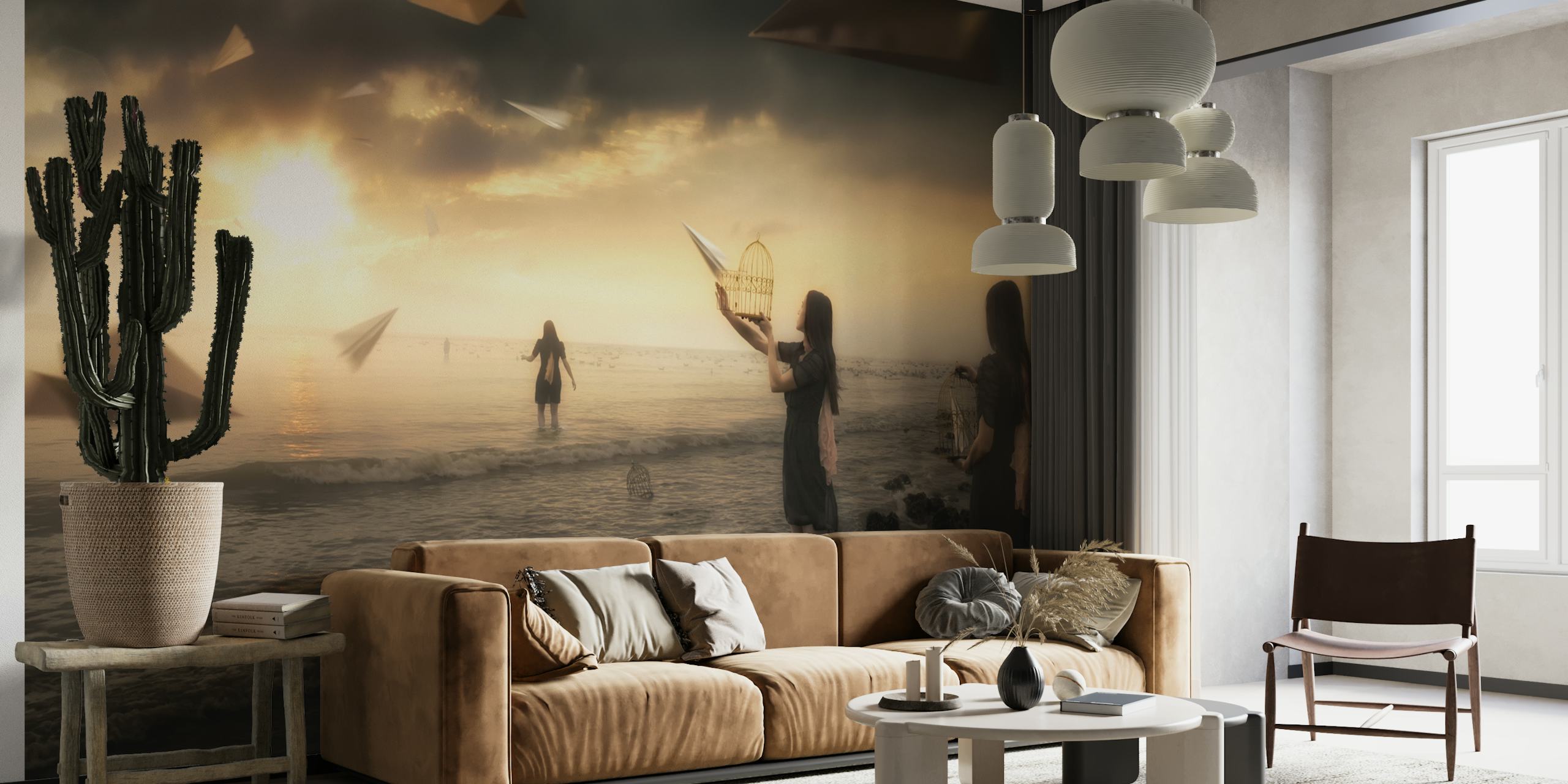 Wallpaper design with paper airplanes at sunset