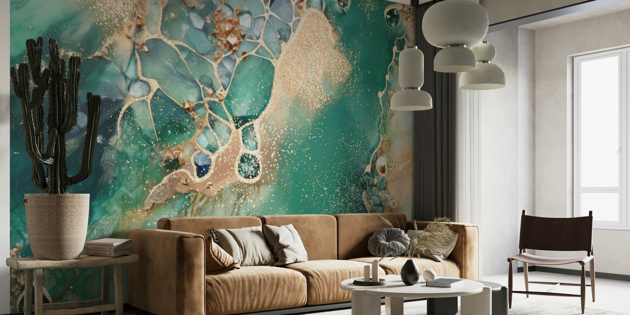 Emerald diamond gold wallpaper in a room