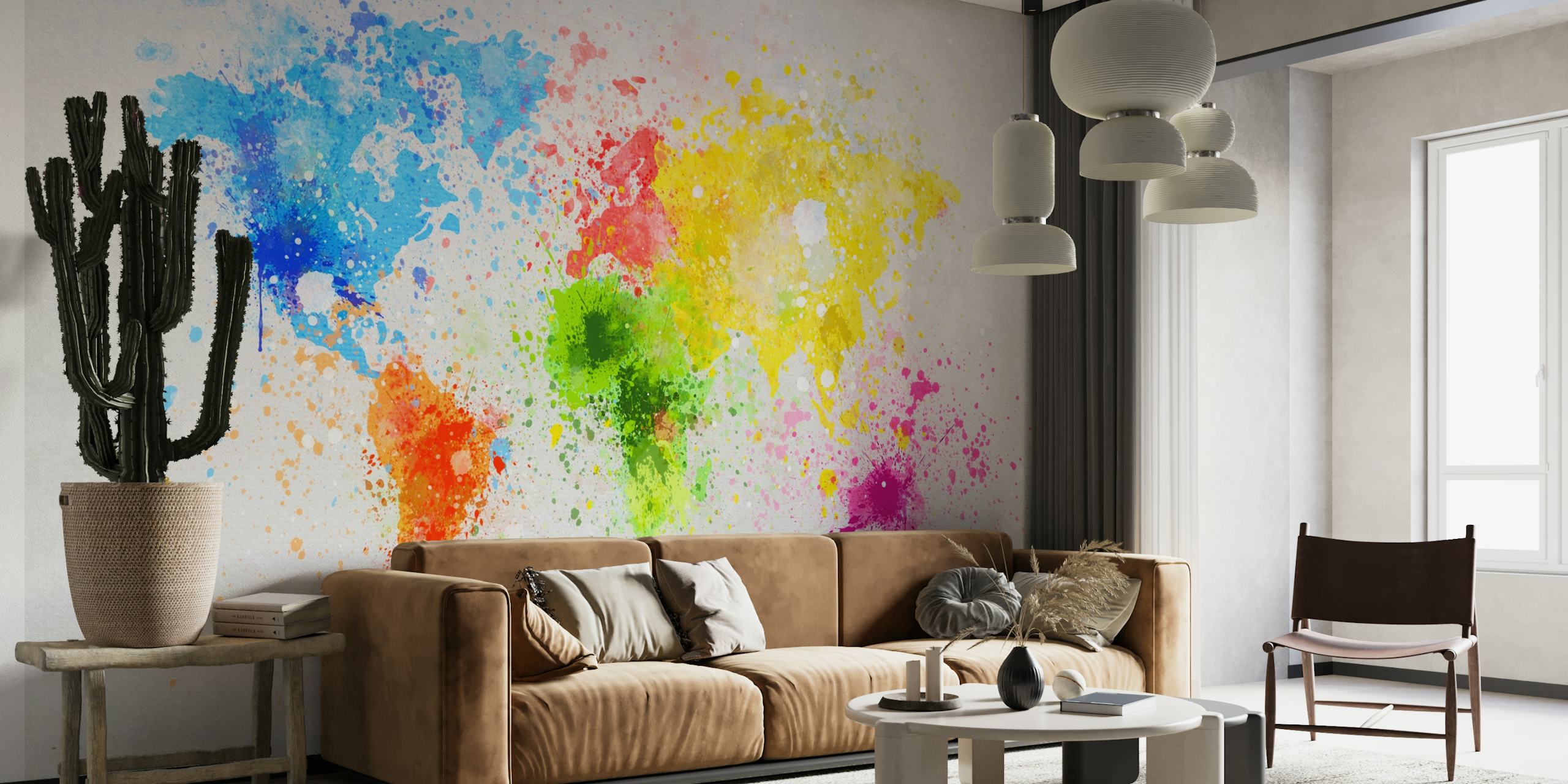 Colorful world map wall mural with splashes of paint
