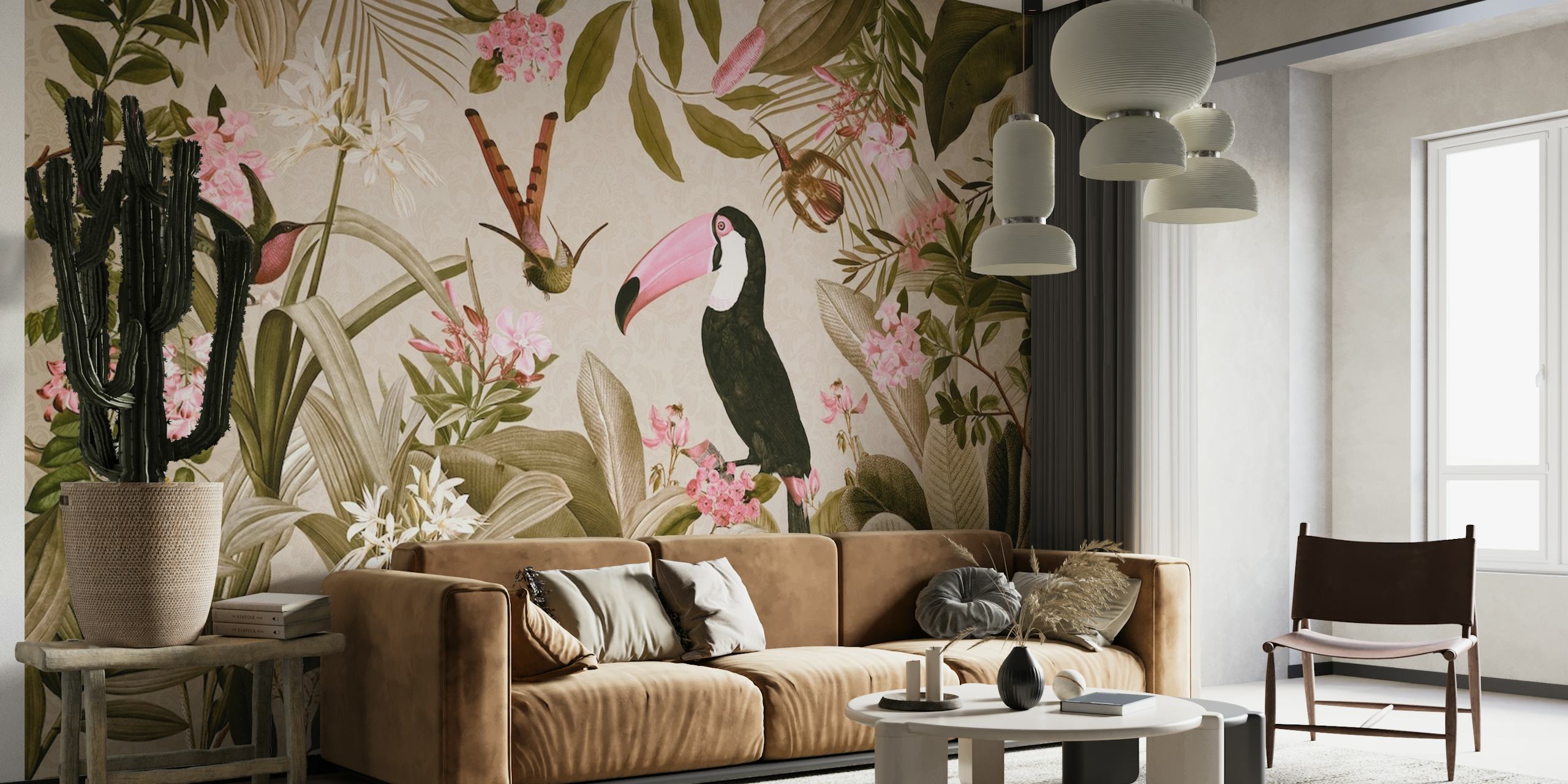 Vintage Exotic Birds Sepia Rainforest Flower Jungle wallpaper