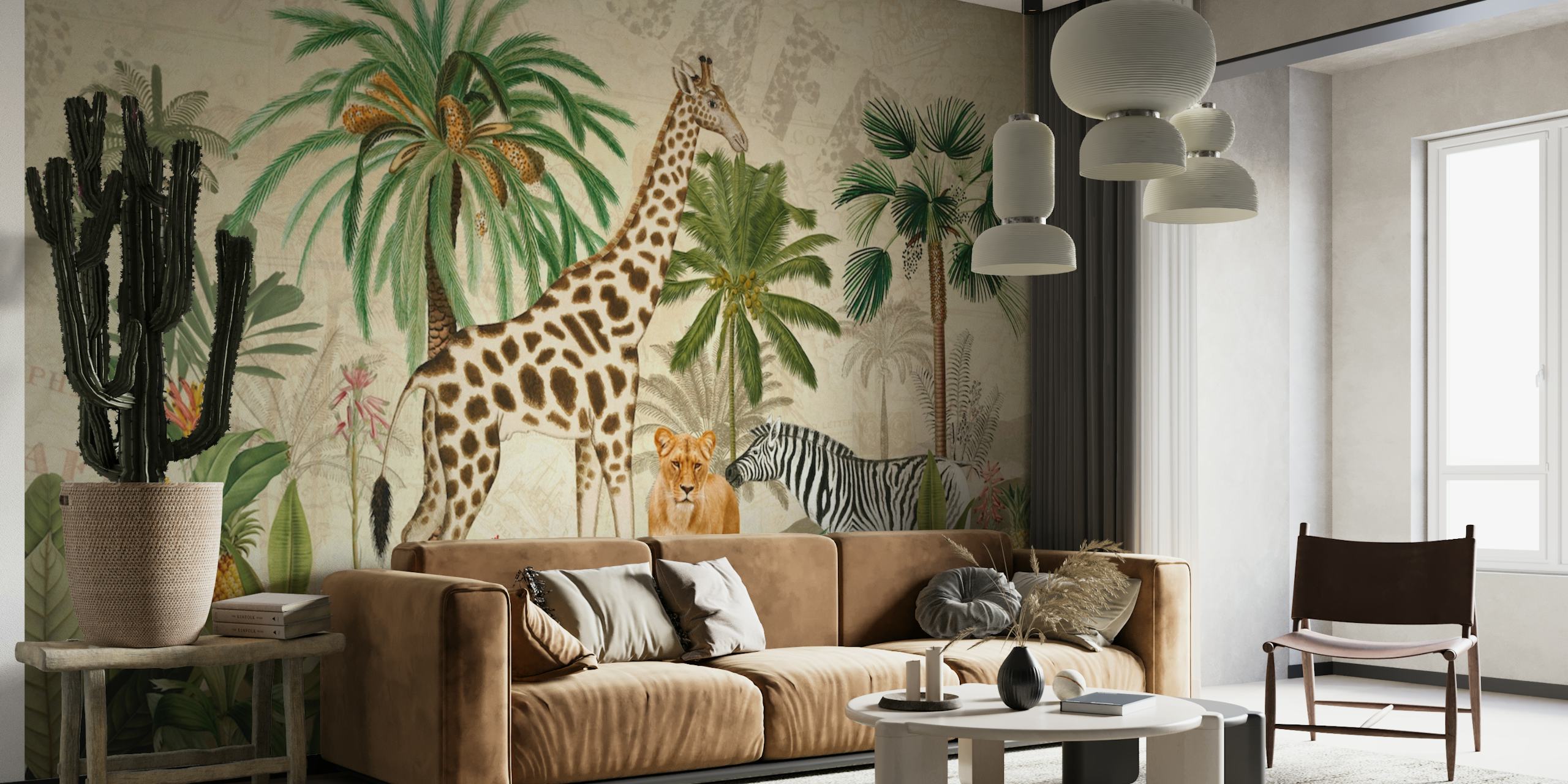 Vintage-tyylinen viidakkosafari-seinämaalaus, jossa on kirahveja, leopardeja ja seeproja vehreässä ympäristössä