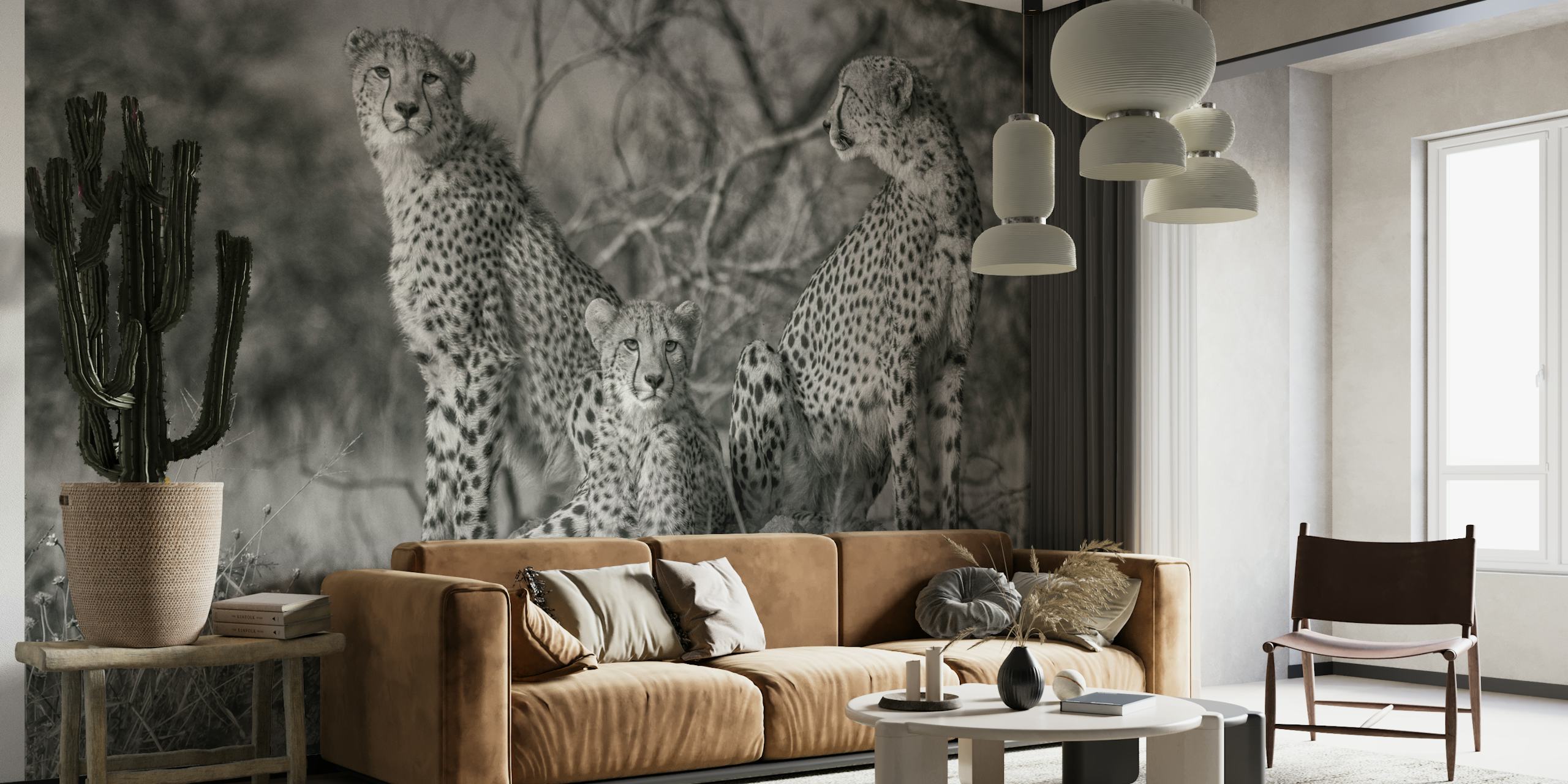 Mustavalkoinen seinämaalaus kolmesta gepardista