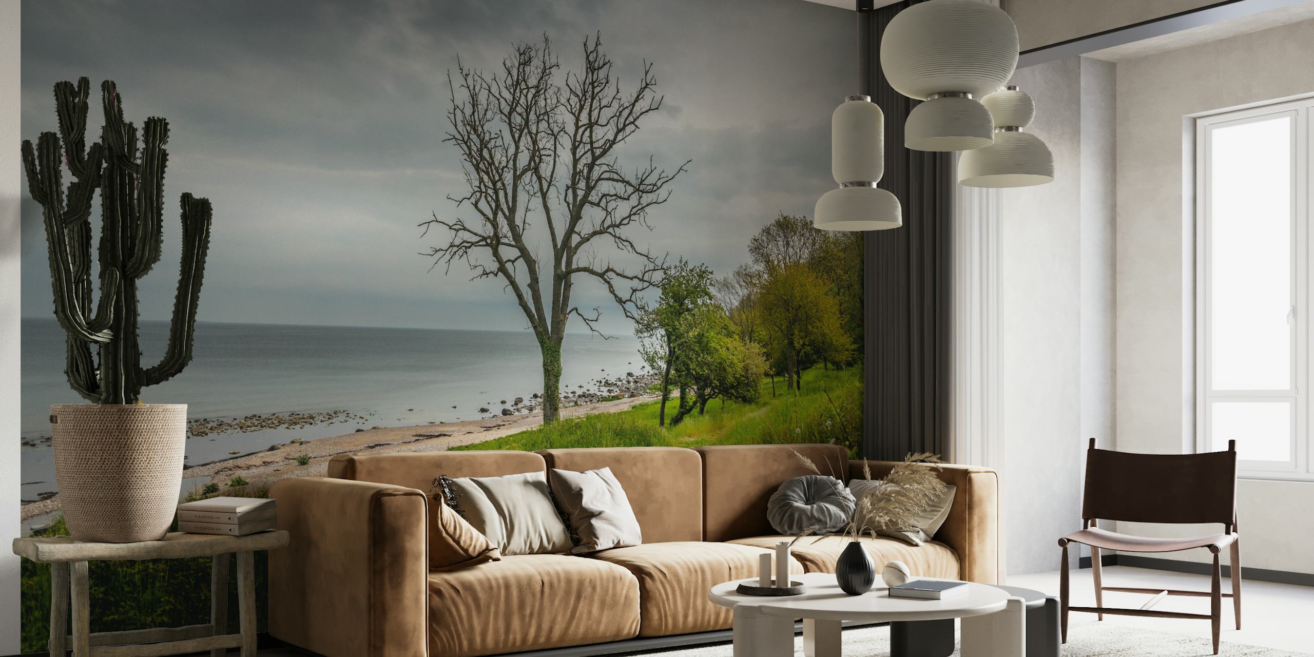 Scenic beach view with tree and sea wallpaper