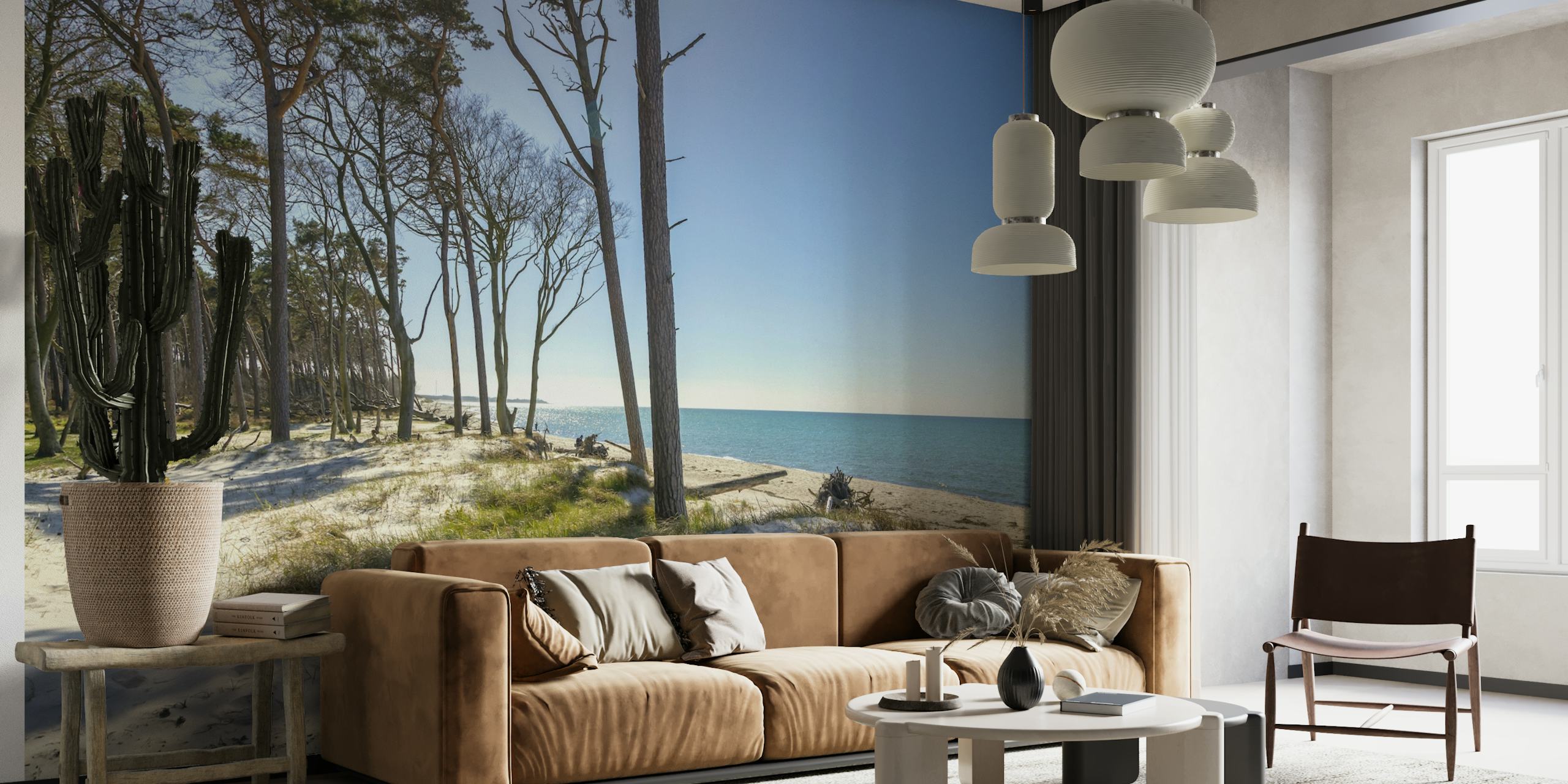 Wall mural depicting a sunny day at the Baltic Sea beach with tall trees and a clear blue sky