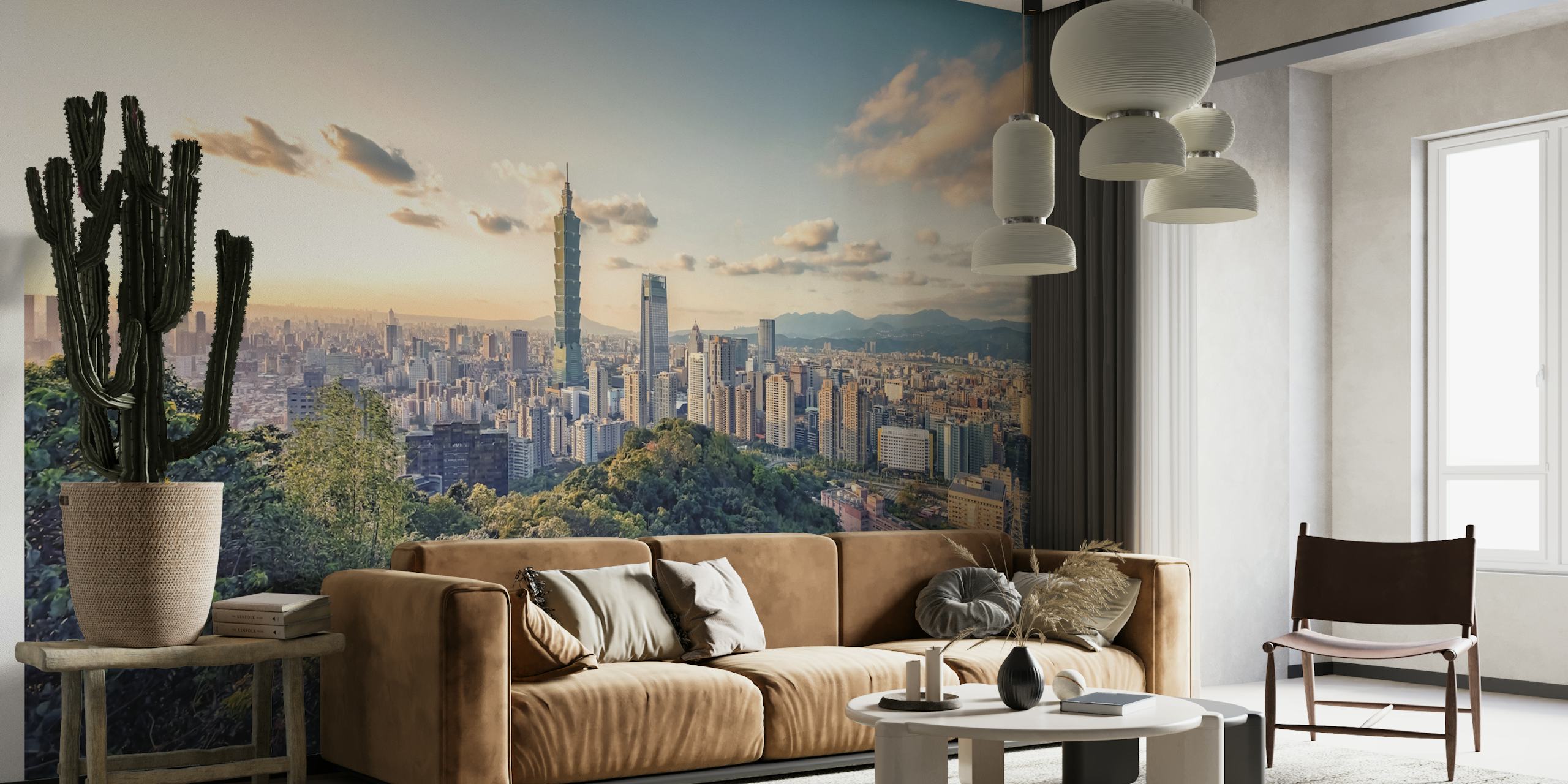 Mural del horizonte de la ciudad de Taipei con el rascacielos Taipei 101