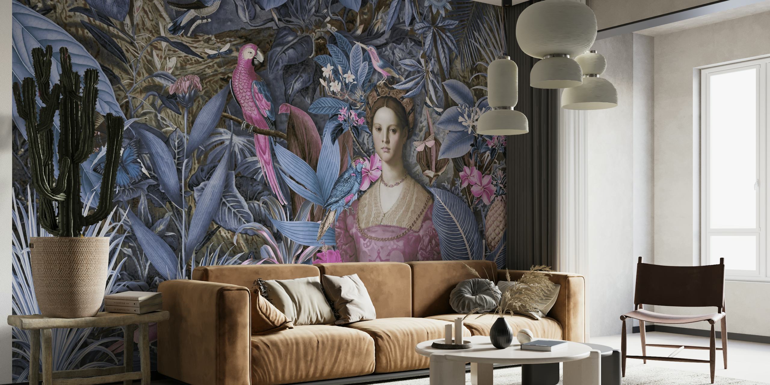 Baroque Lady With Parrots In The Jungle Blue Pink tapete