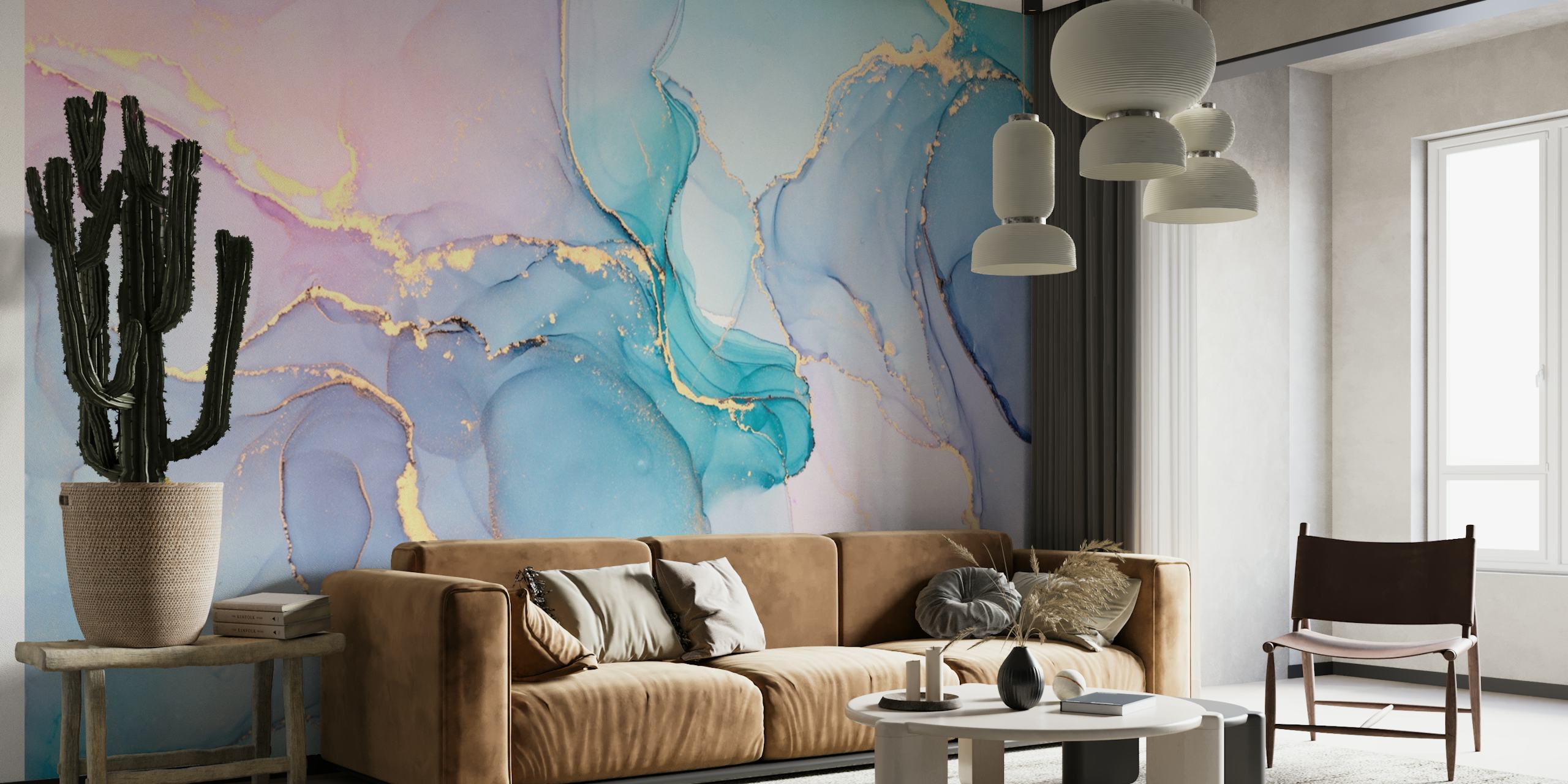 Blue and pink fluid abstract design with gold accents wallpaper