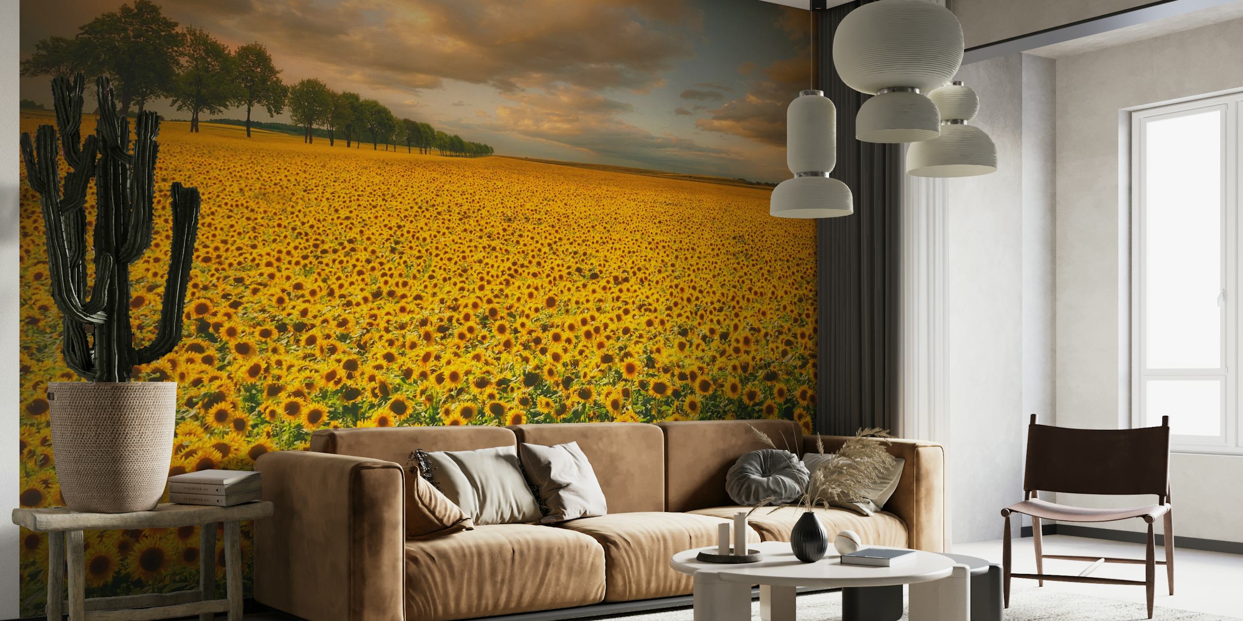 Fotomural vinílico de parede vibrante de campo de girassol com céu claro