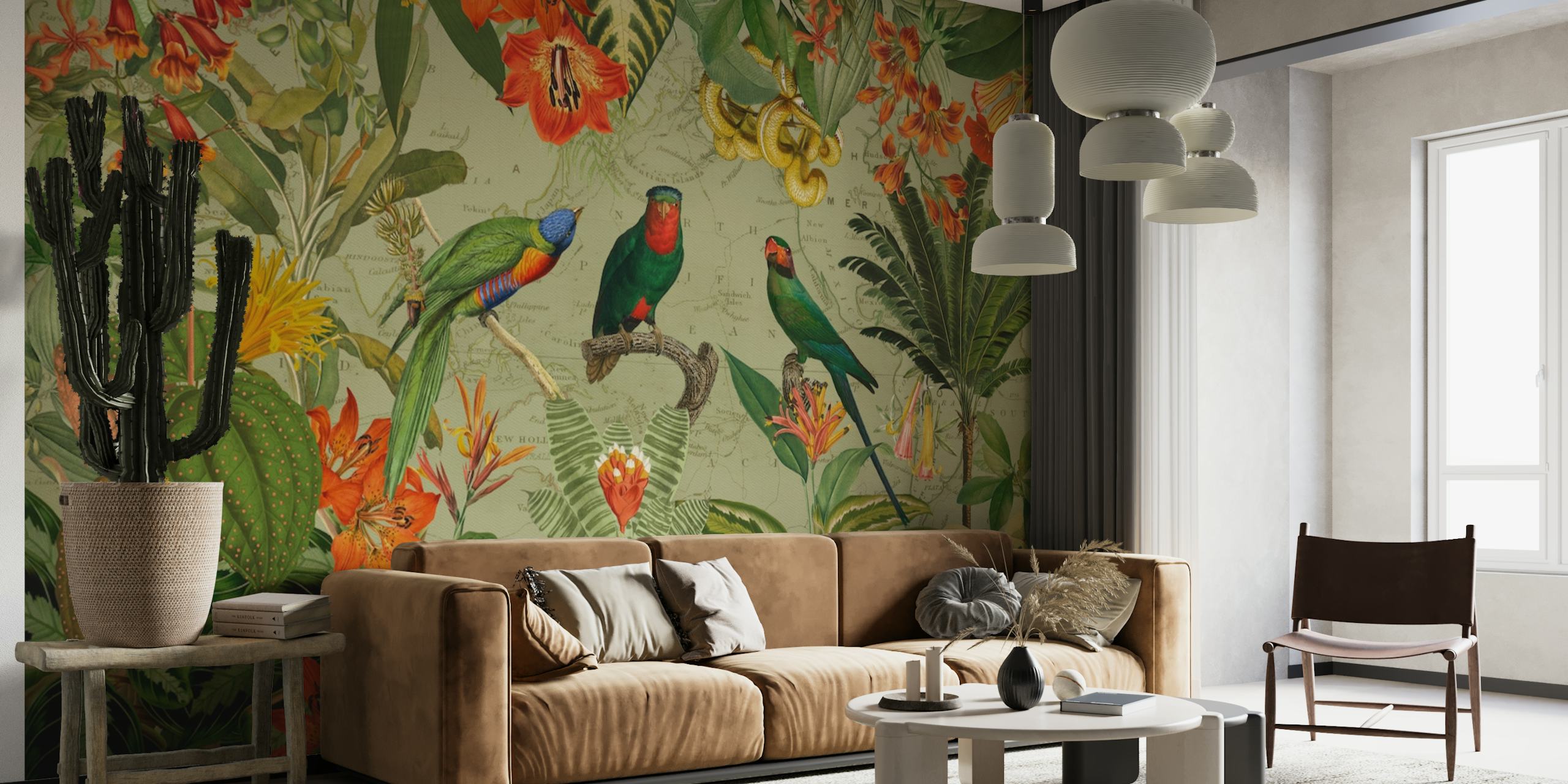 Exotic Parrots Jungle Landscape papel pintado