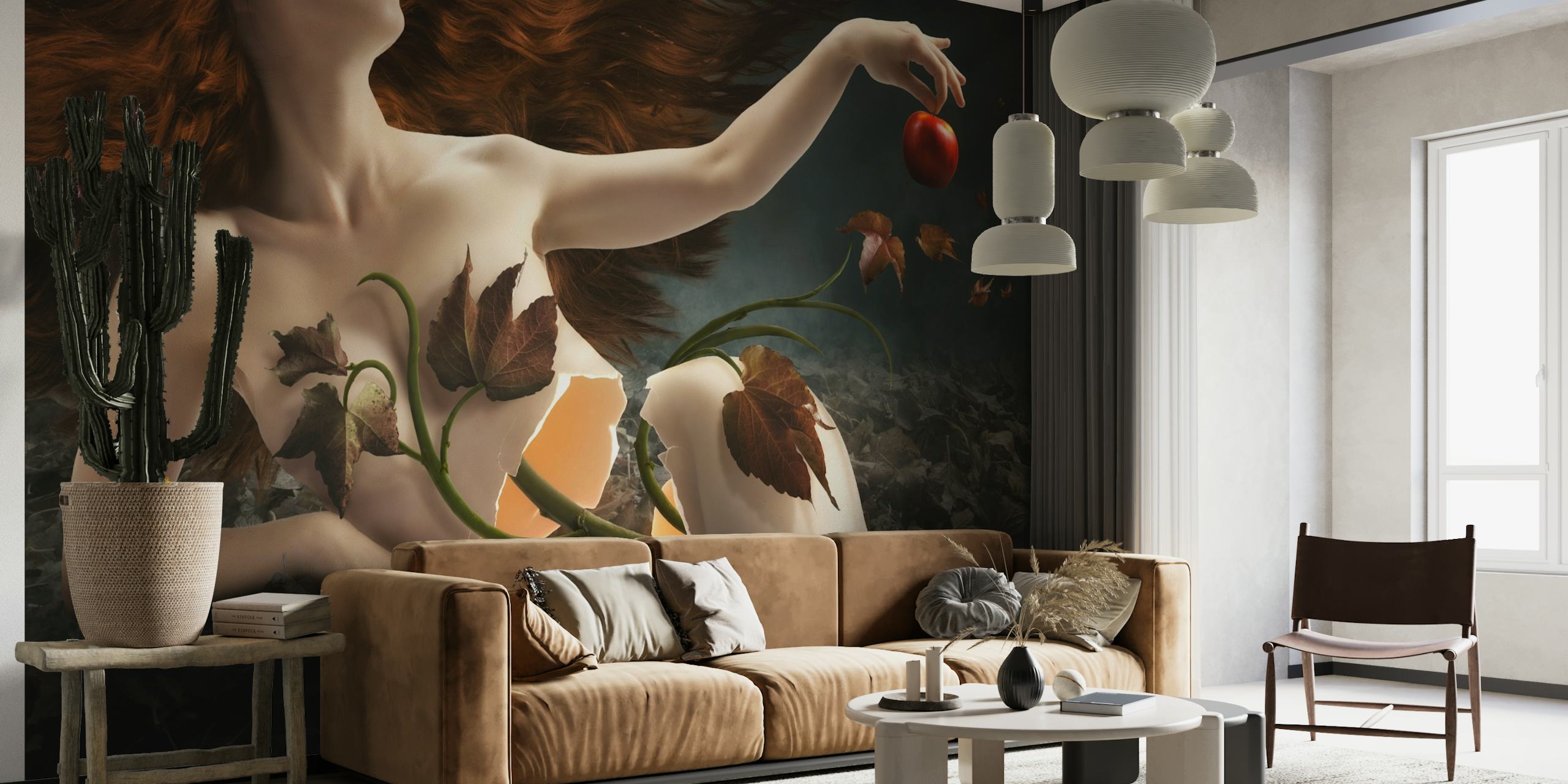 Wall mural of Eve in an enchanted garden with a dark backdrop and a symbolic apple