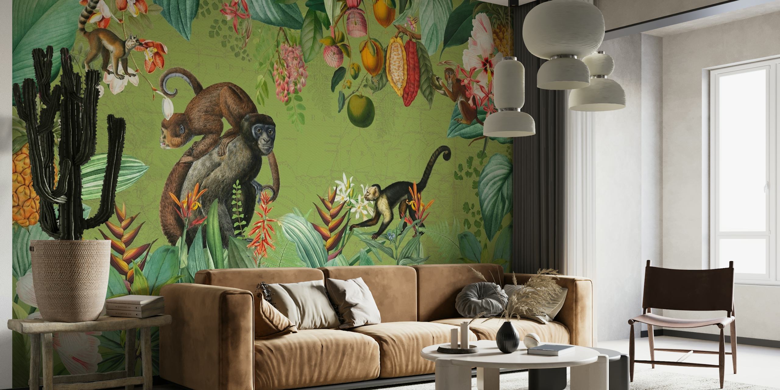 A vintage-style wall mural depicting monkeys and tropical plants in an African jungle setting