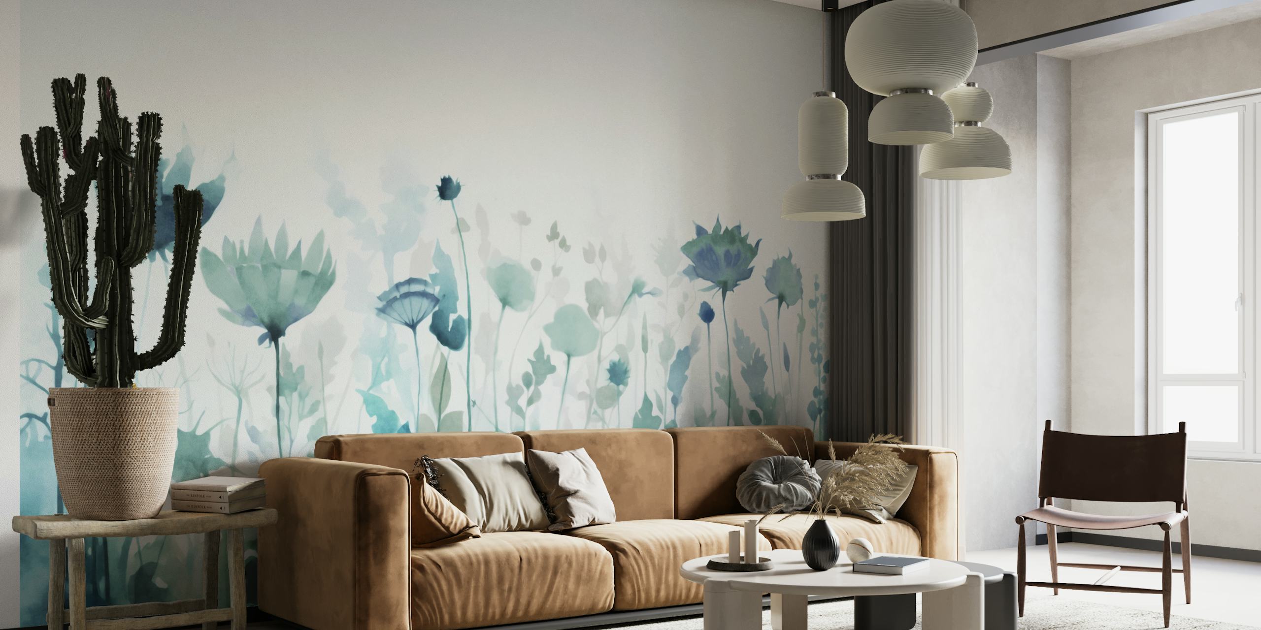 Mint green floral wall mural with a summer meadow theme
