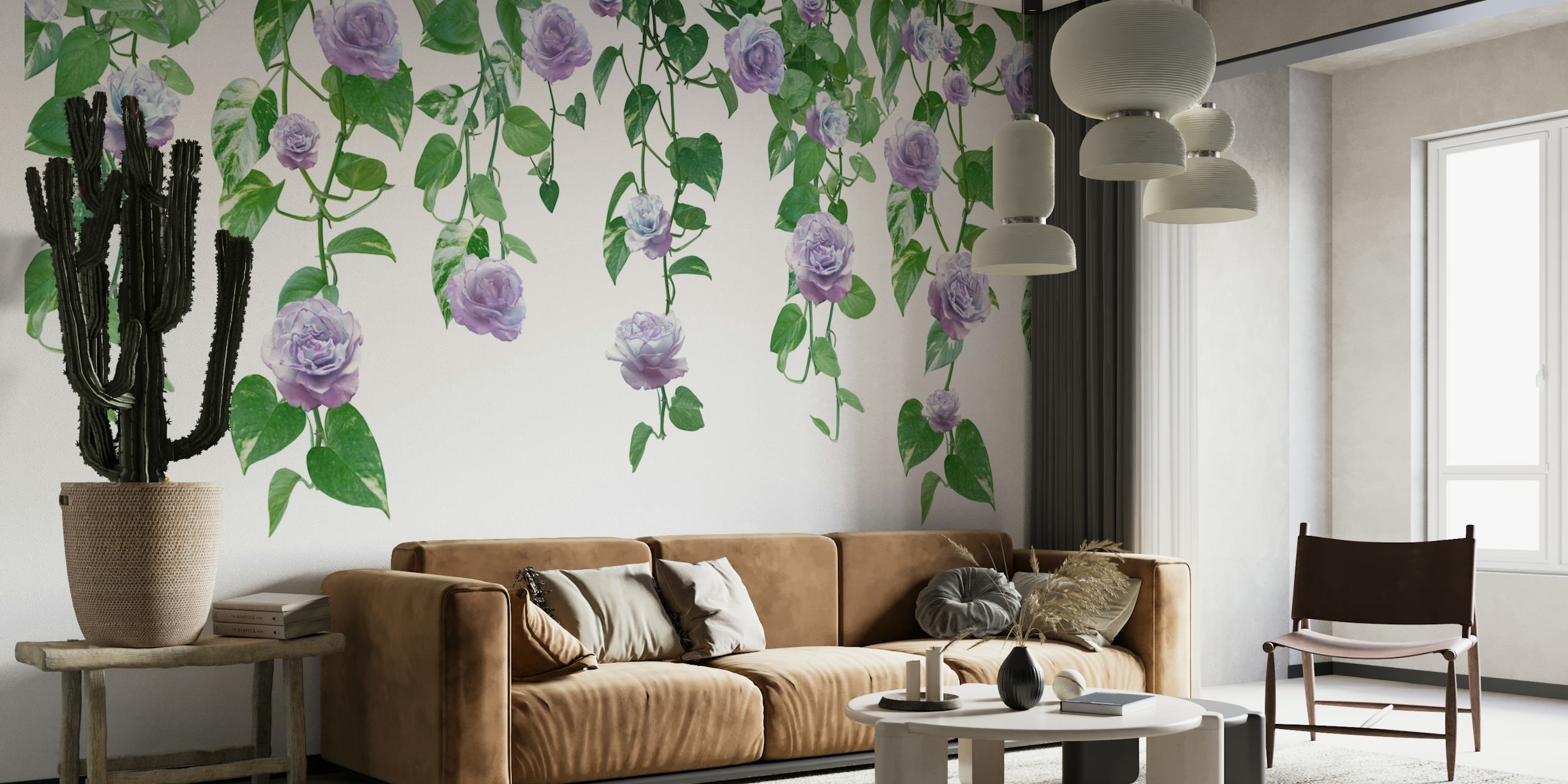Lavender roses and green ivy leaves floral wallpaper