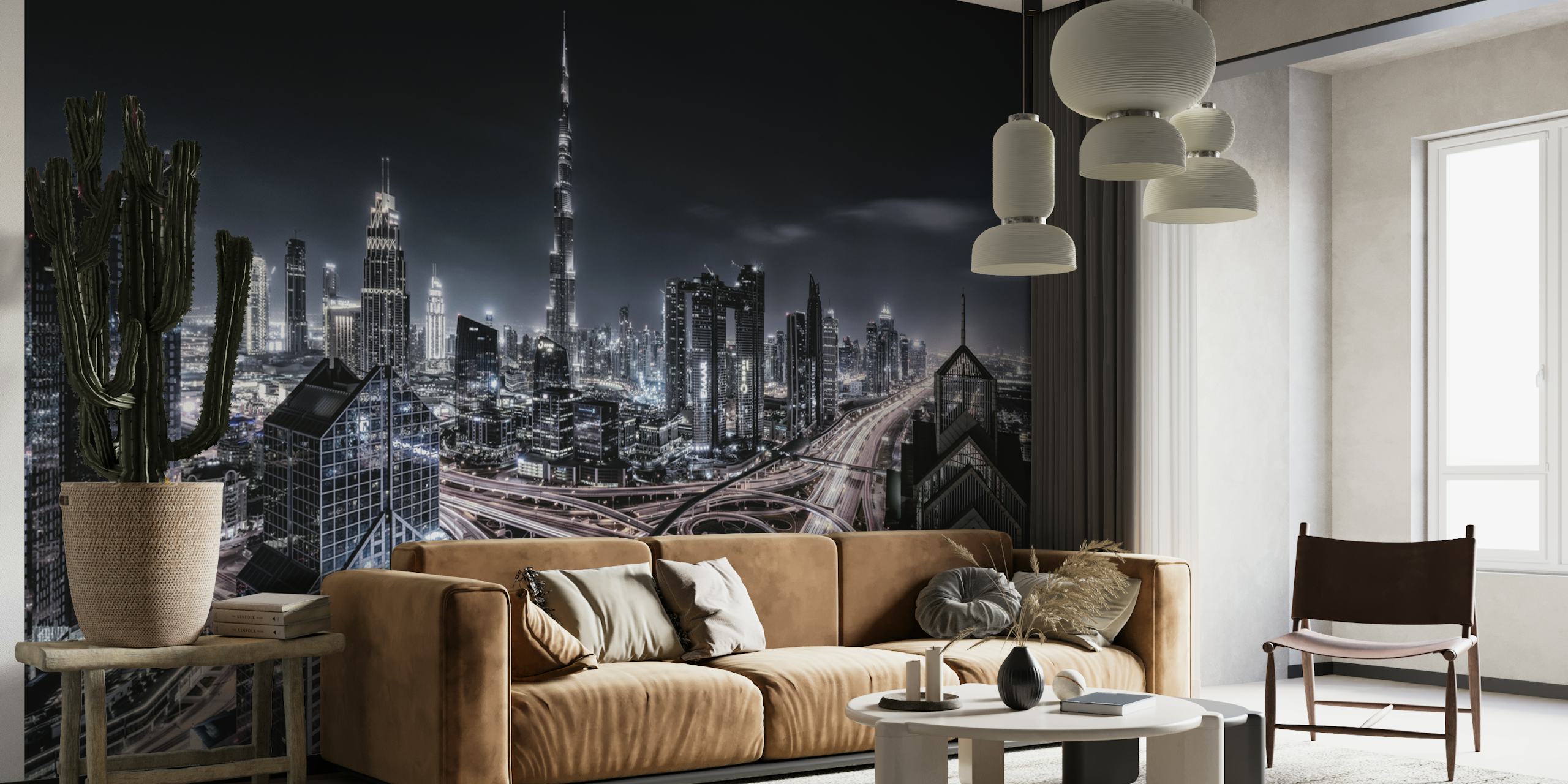 Night city skyline with skyscrapers and highways wallpaper