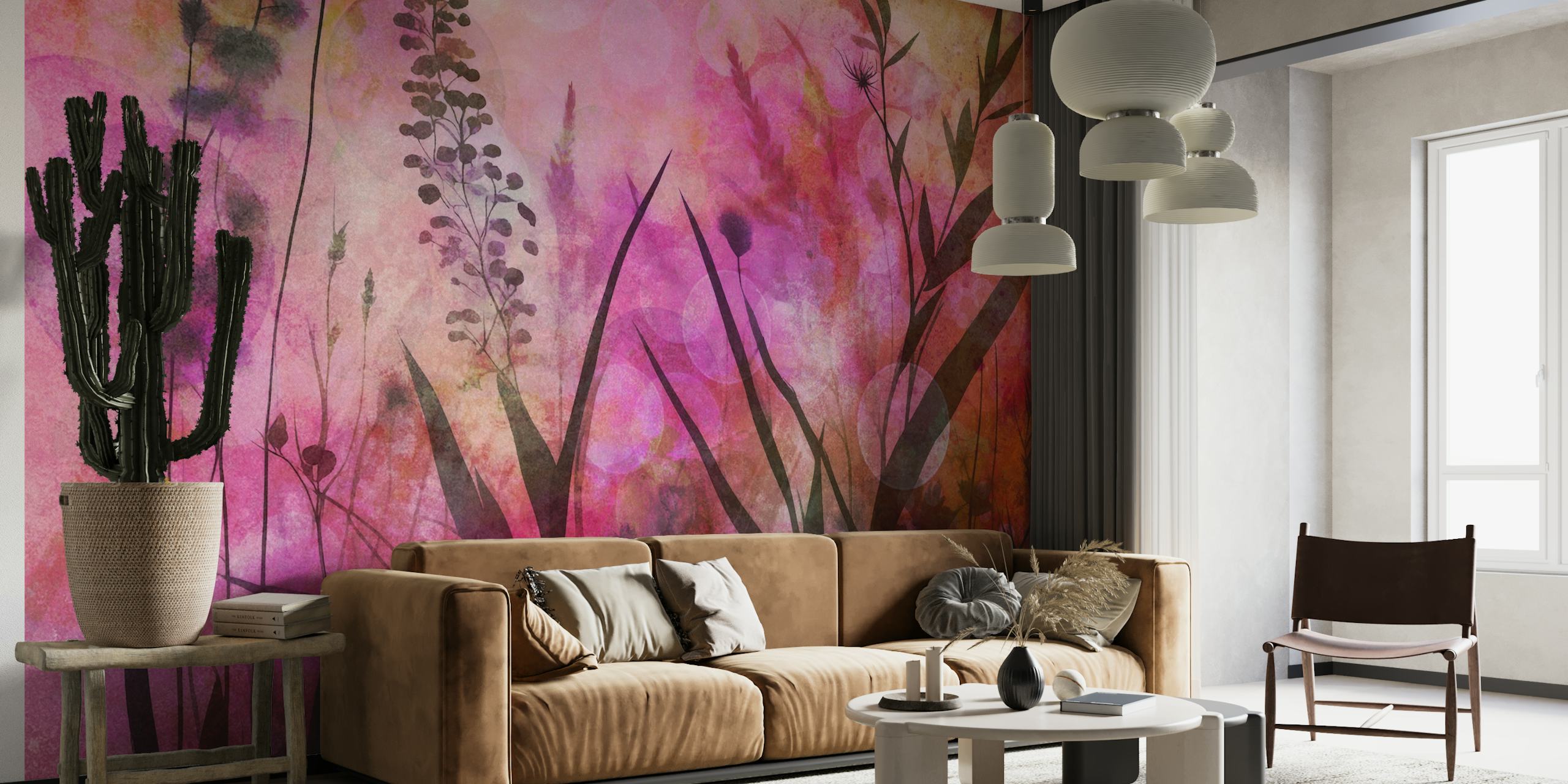 Abstract floral design with pink, peach, and green tones wallpaper