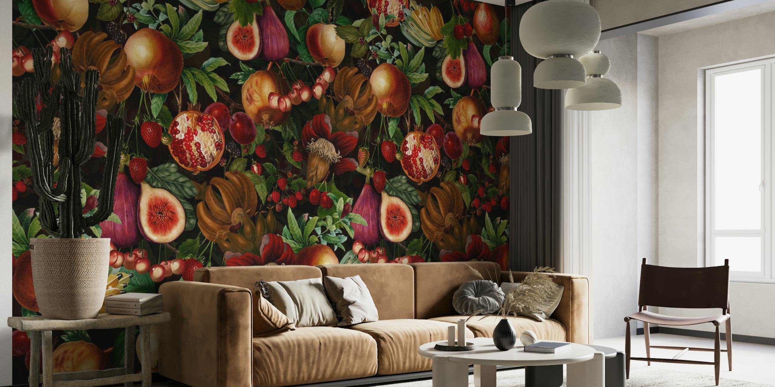 Vintage tropical fruits design with dark background wallpaper