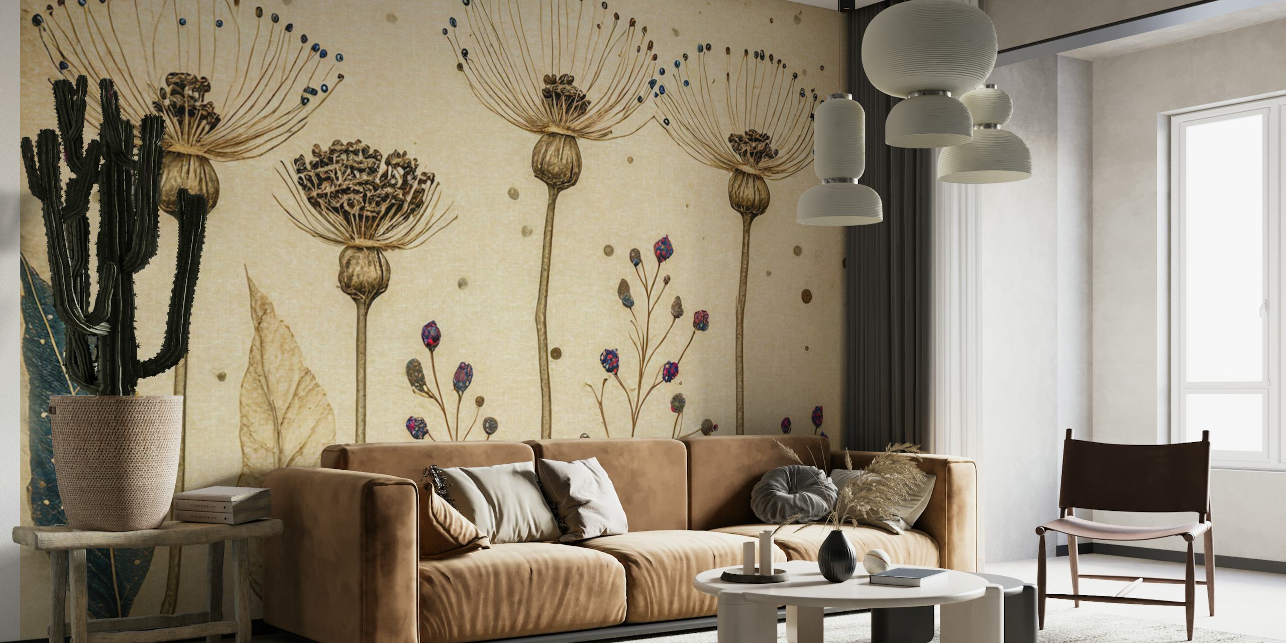 Floral botanical drawing wallpaper in a room