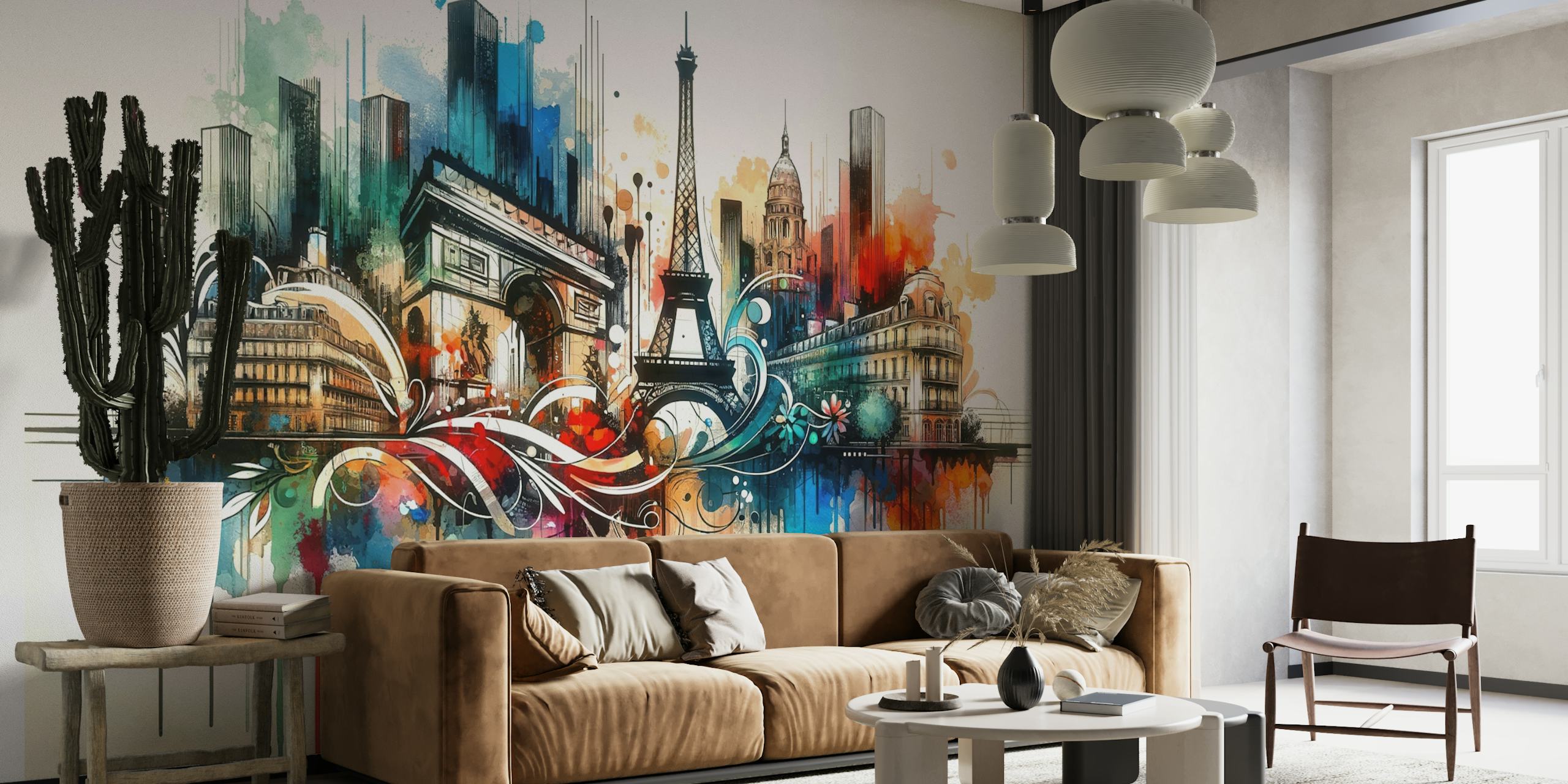 Waterverfschilderij van de skyline van Parijs met de Eiffeltoren en de Arc de Triomphe