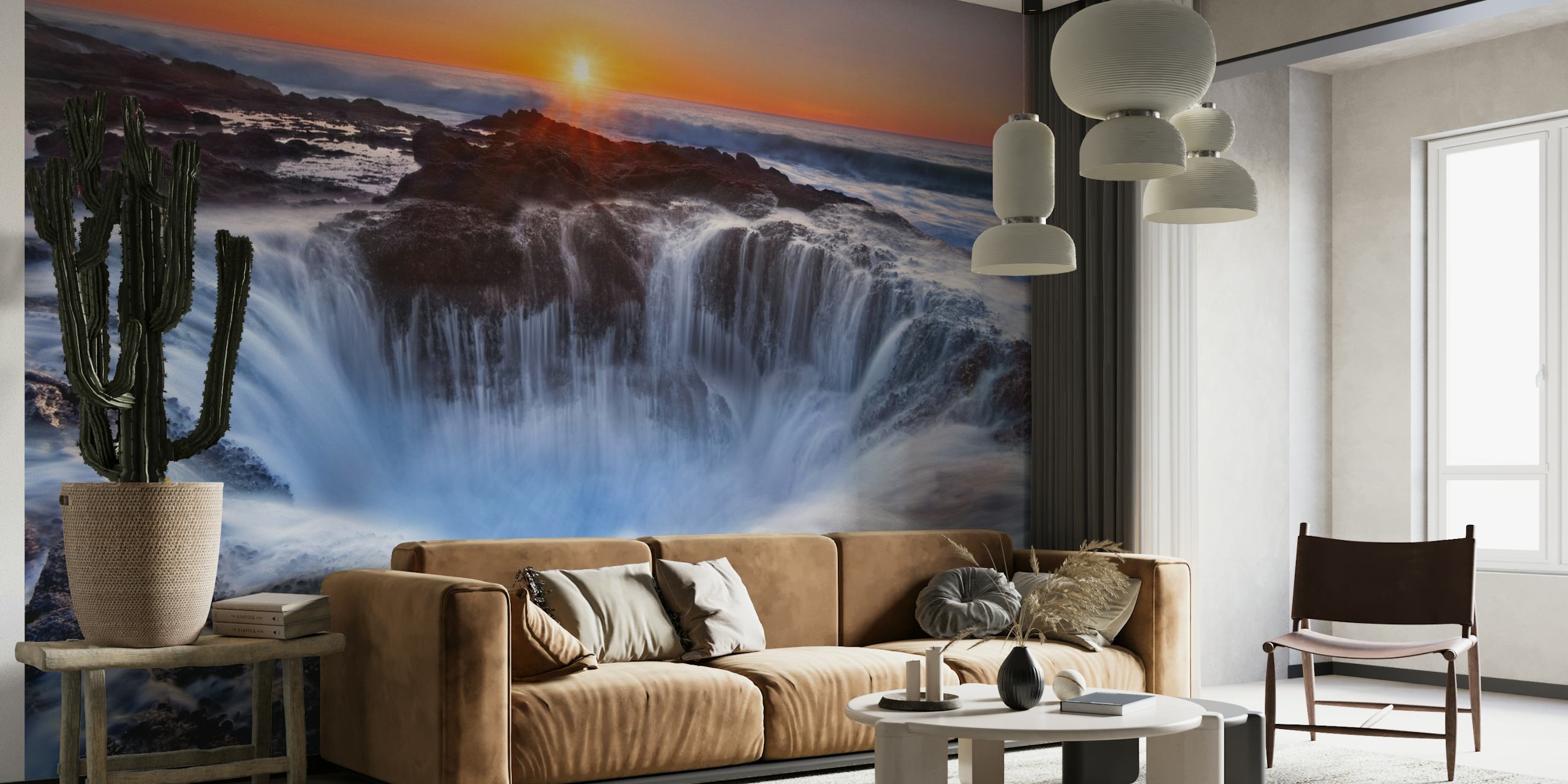 Thor's Well wall mural with sunset colors