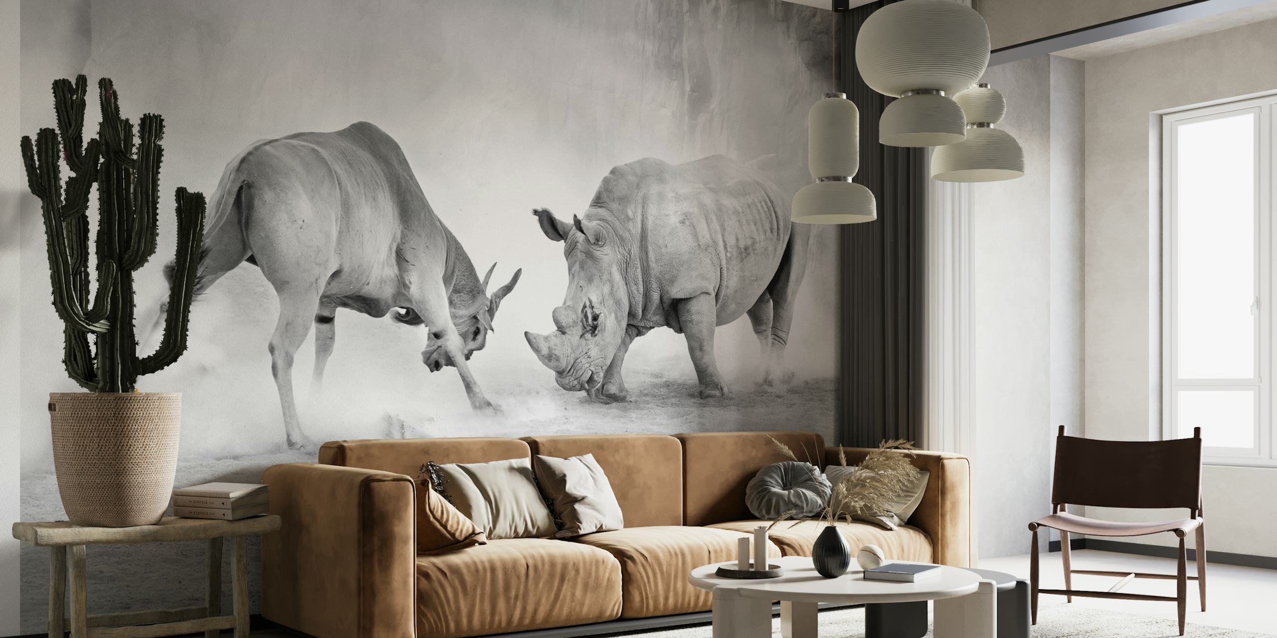 Black and white wall mural of two animals in combat