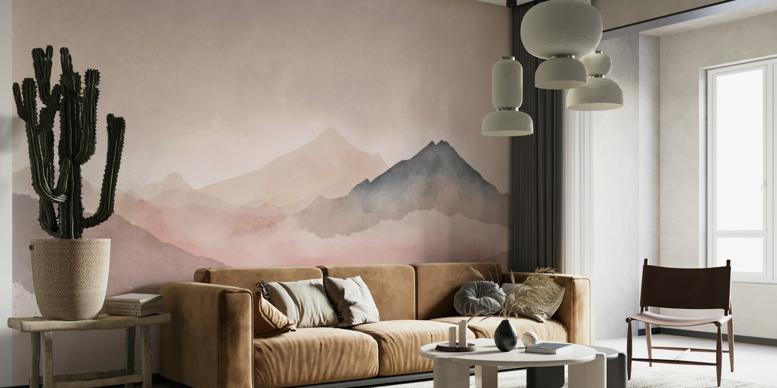Misty landscape watercolor wallpaper in room