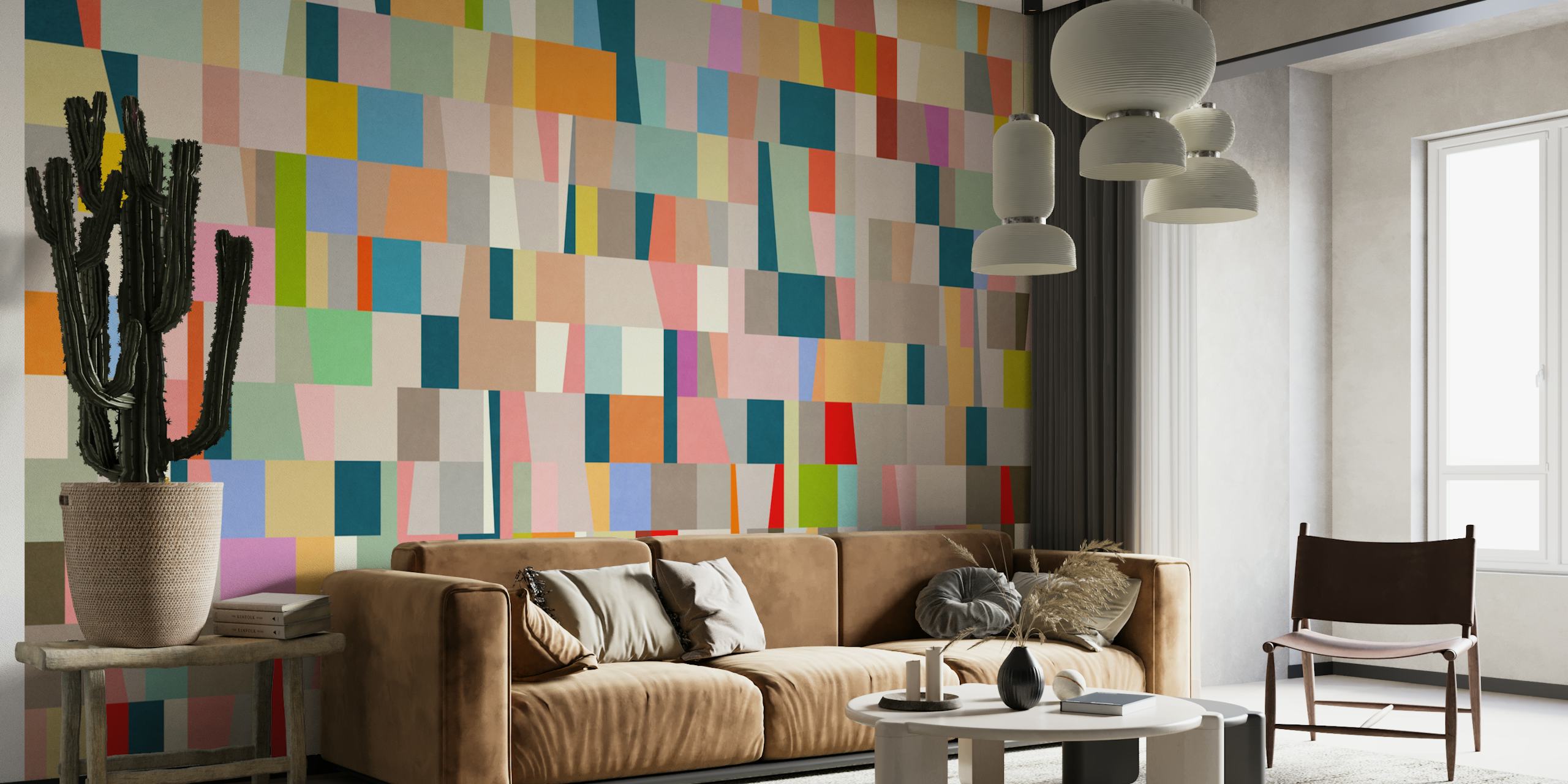 Kleurrijke muurschildering met geometrisch patroon met rechthoeken en vierkanten in verschillende tinten