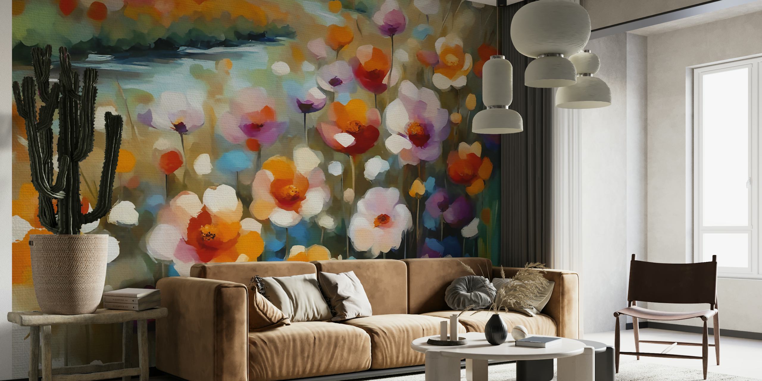 Papel de parede floral colorido em um quarto