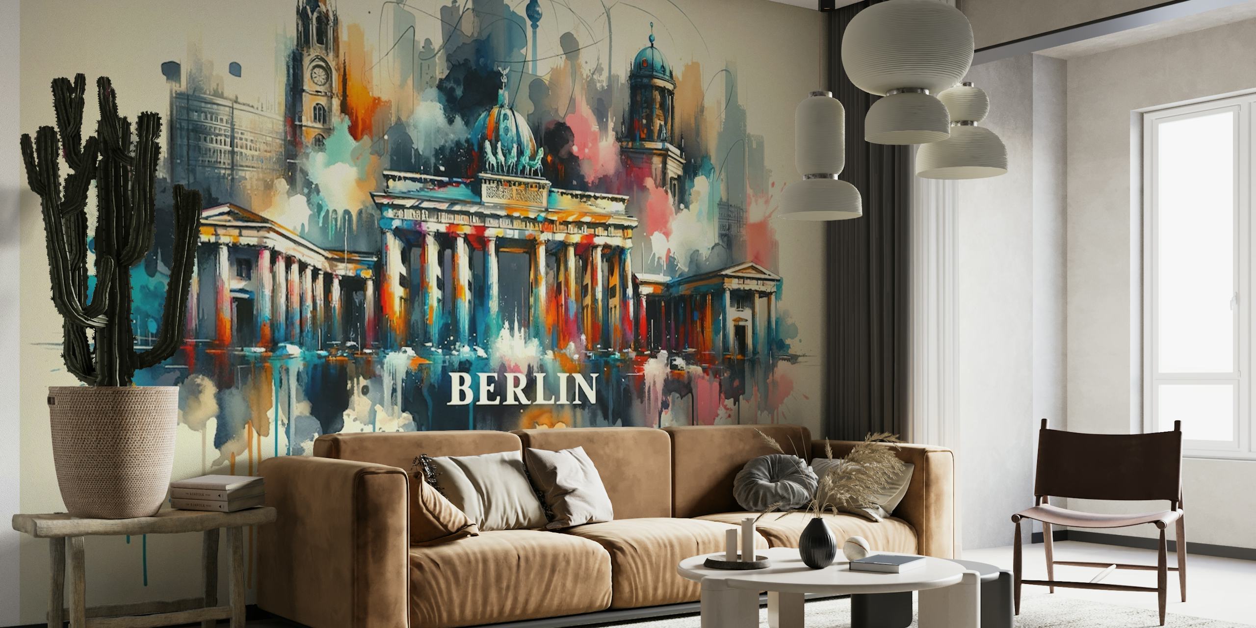 Akvarelmaleri af Berlins skyline med abstrakte farvestænk