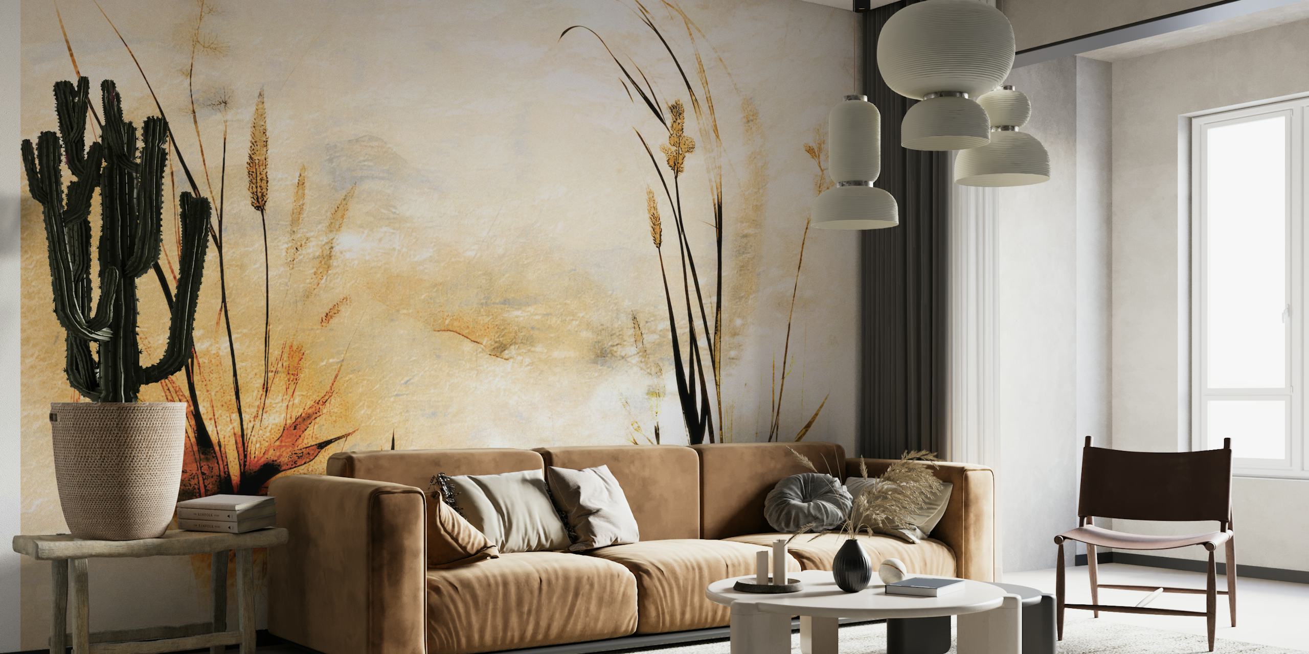 Wall mural of a meadow with tall grass in golden sunrise hues