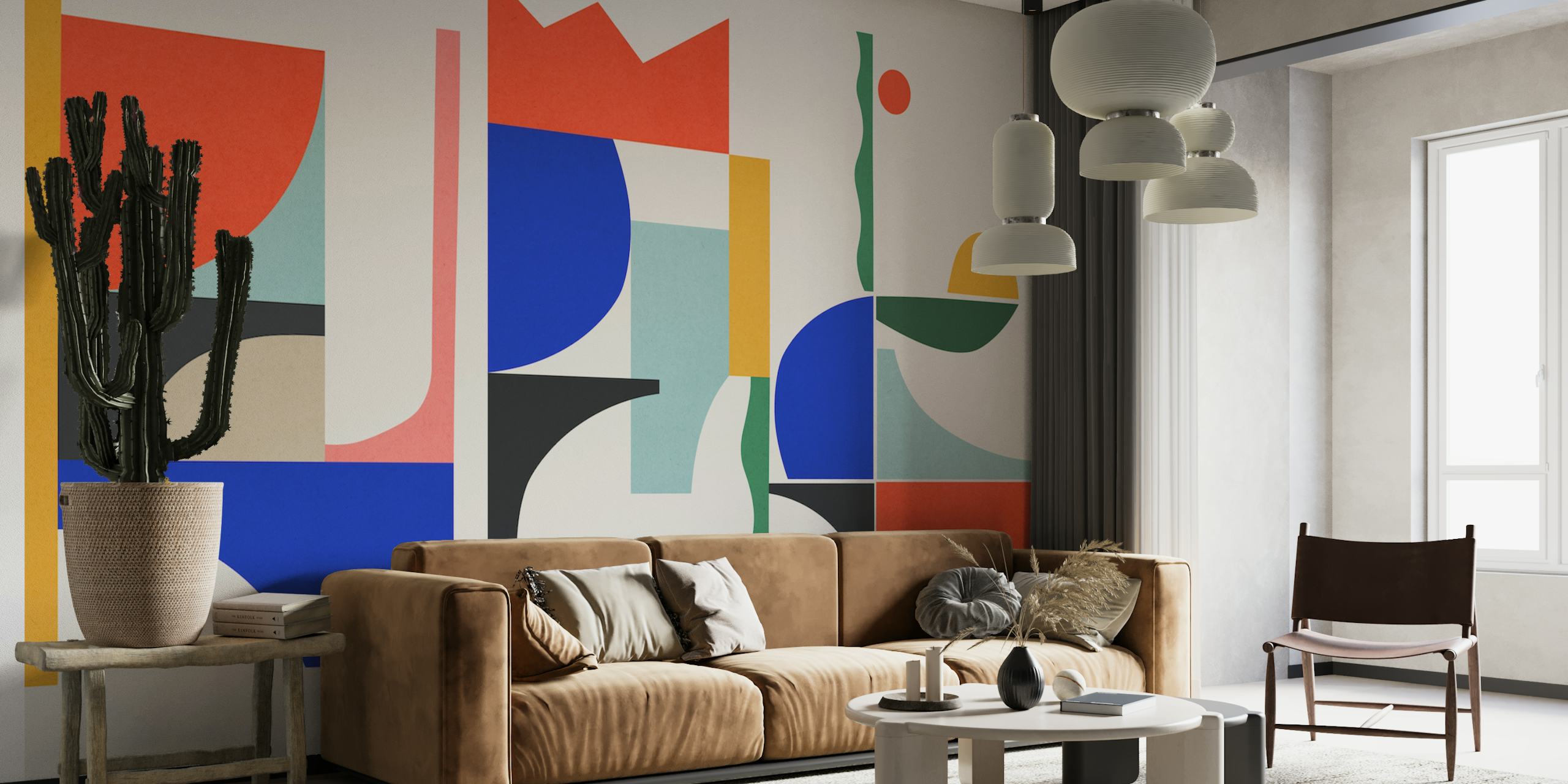 Colorful abstract geometric shapes in blue, red, yellow, and green wallpaper