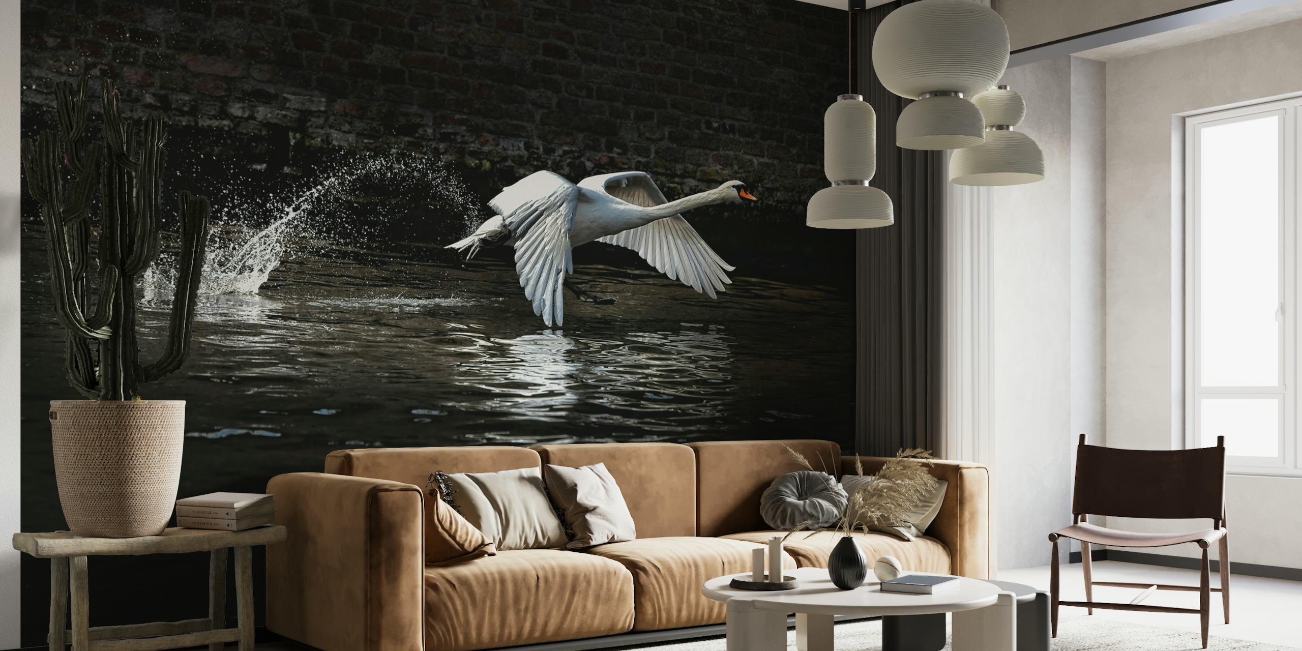 Swan taking off from water wall mural