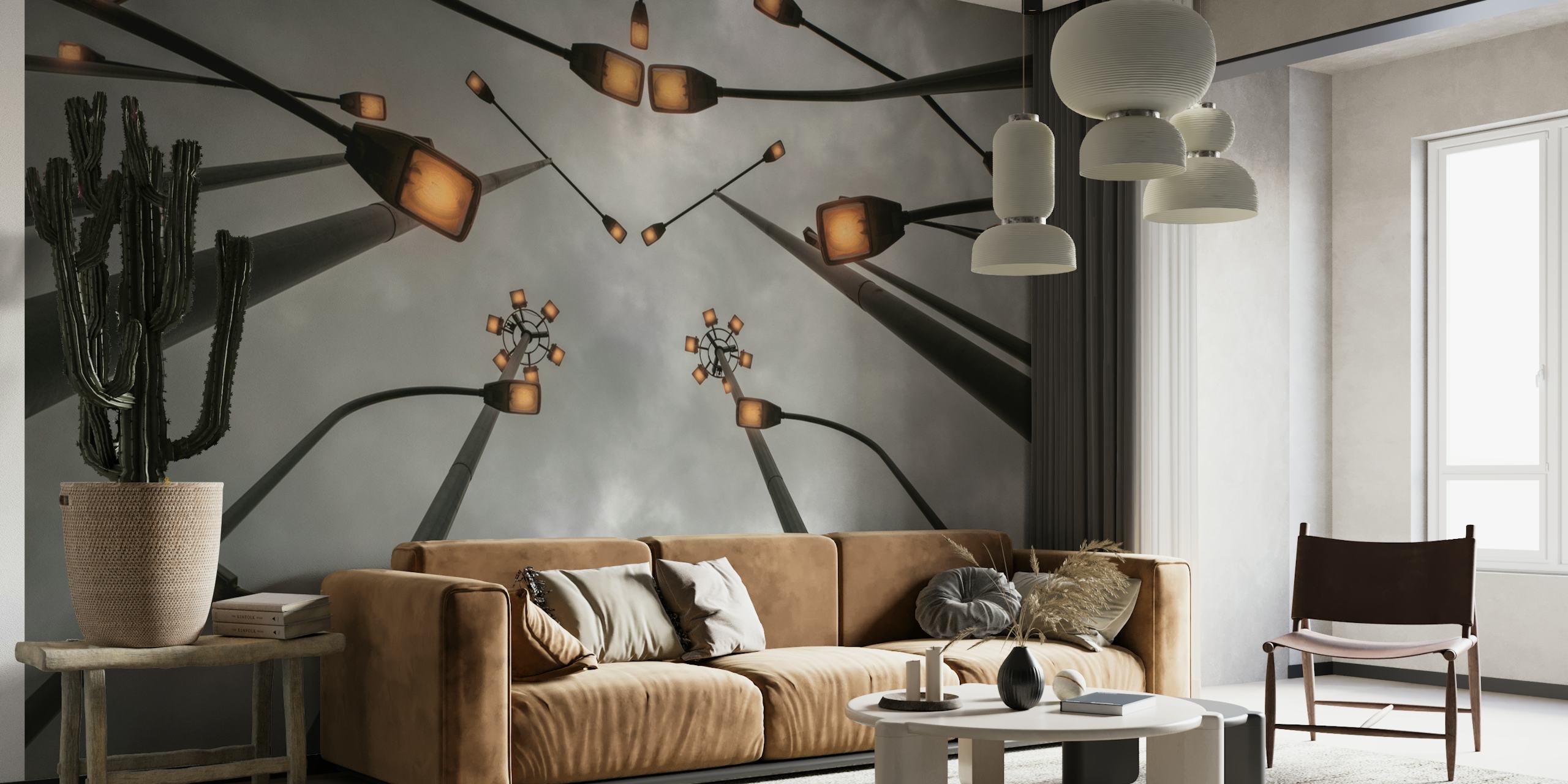 Abstract wall mural with geometric lines and glowing orbs on Happywall