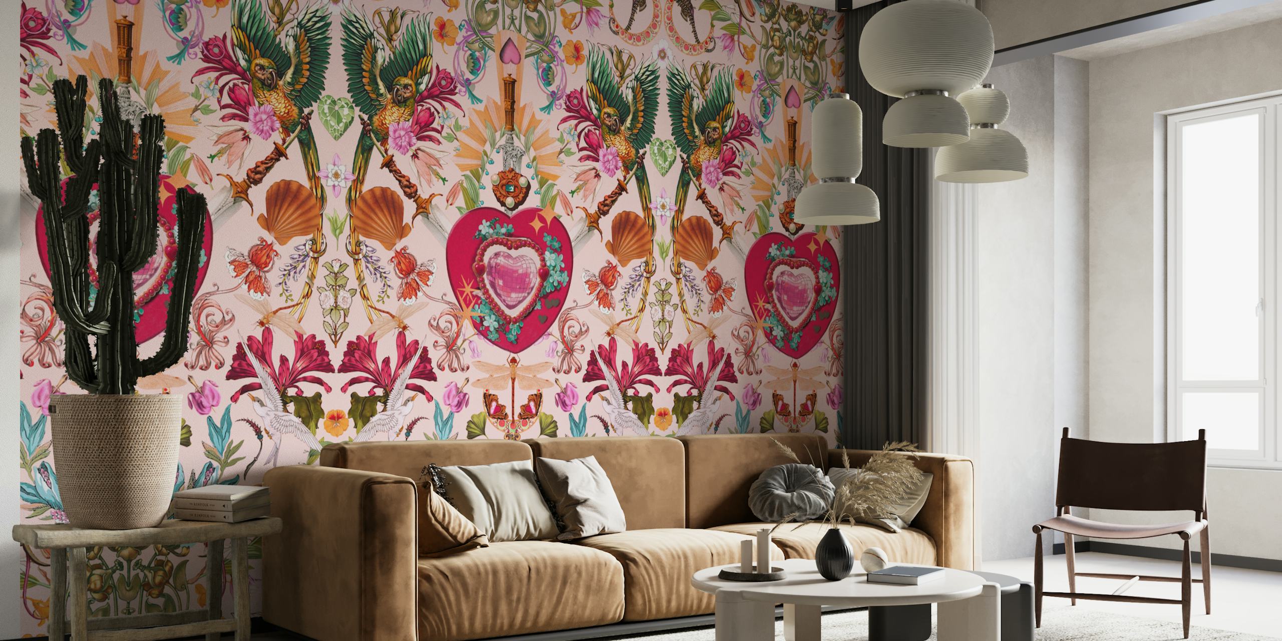 Vibrant floral and heart pattern in pinks and greens wallpaper