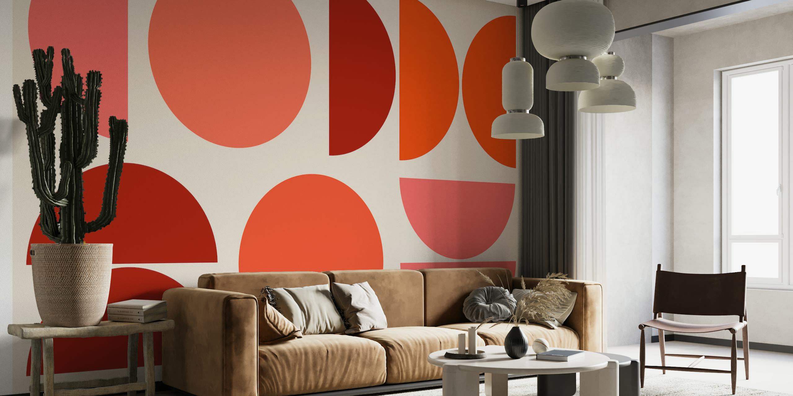 Colorful geometric shapes in red, pink, and coral on beige wallpaper