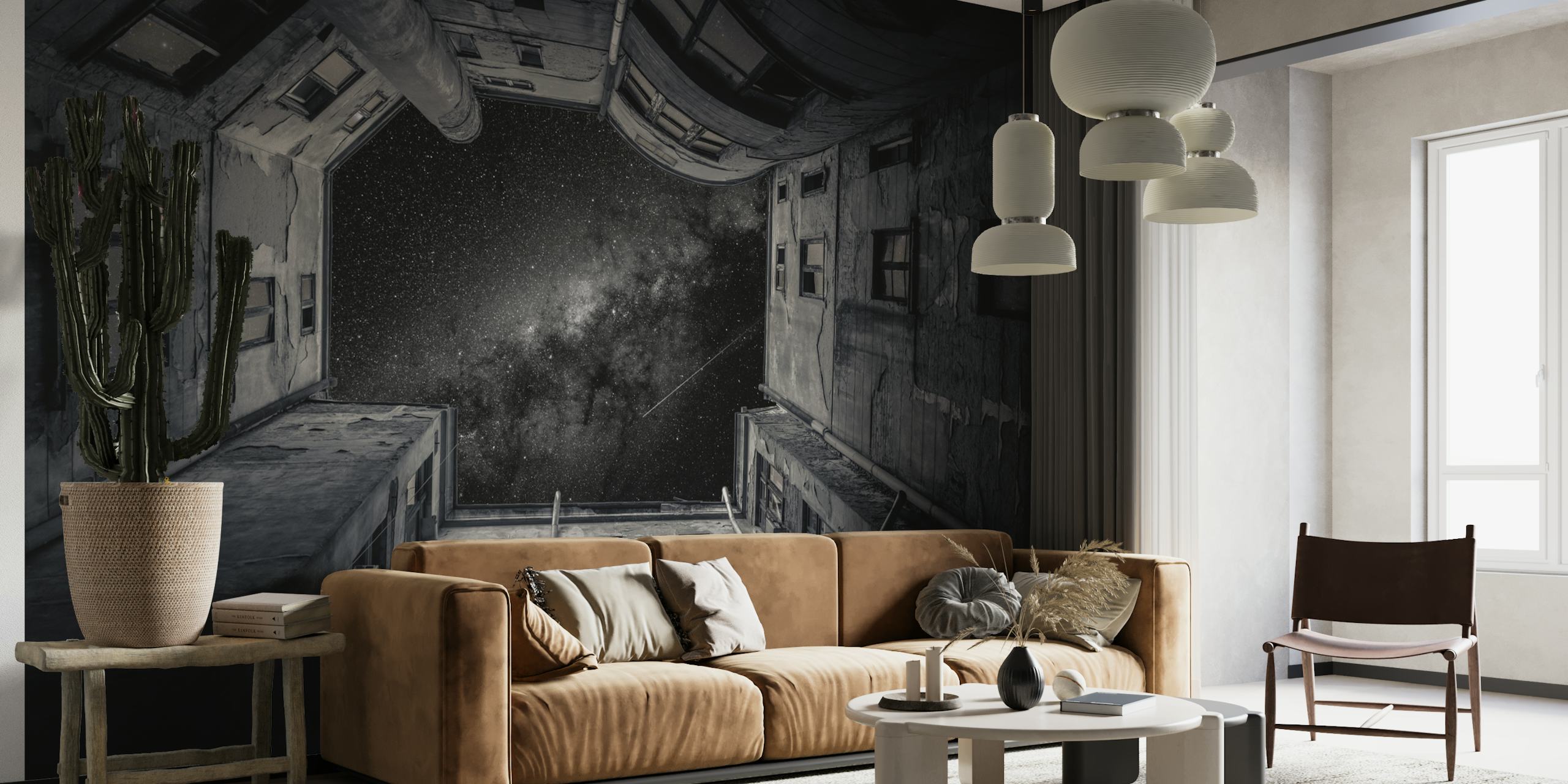 Black and white wallpaper showing a galaxy view from an urban alleyway