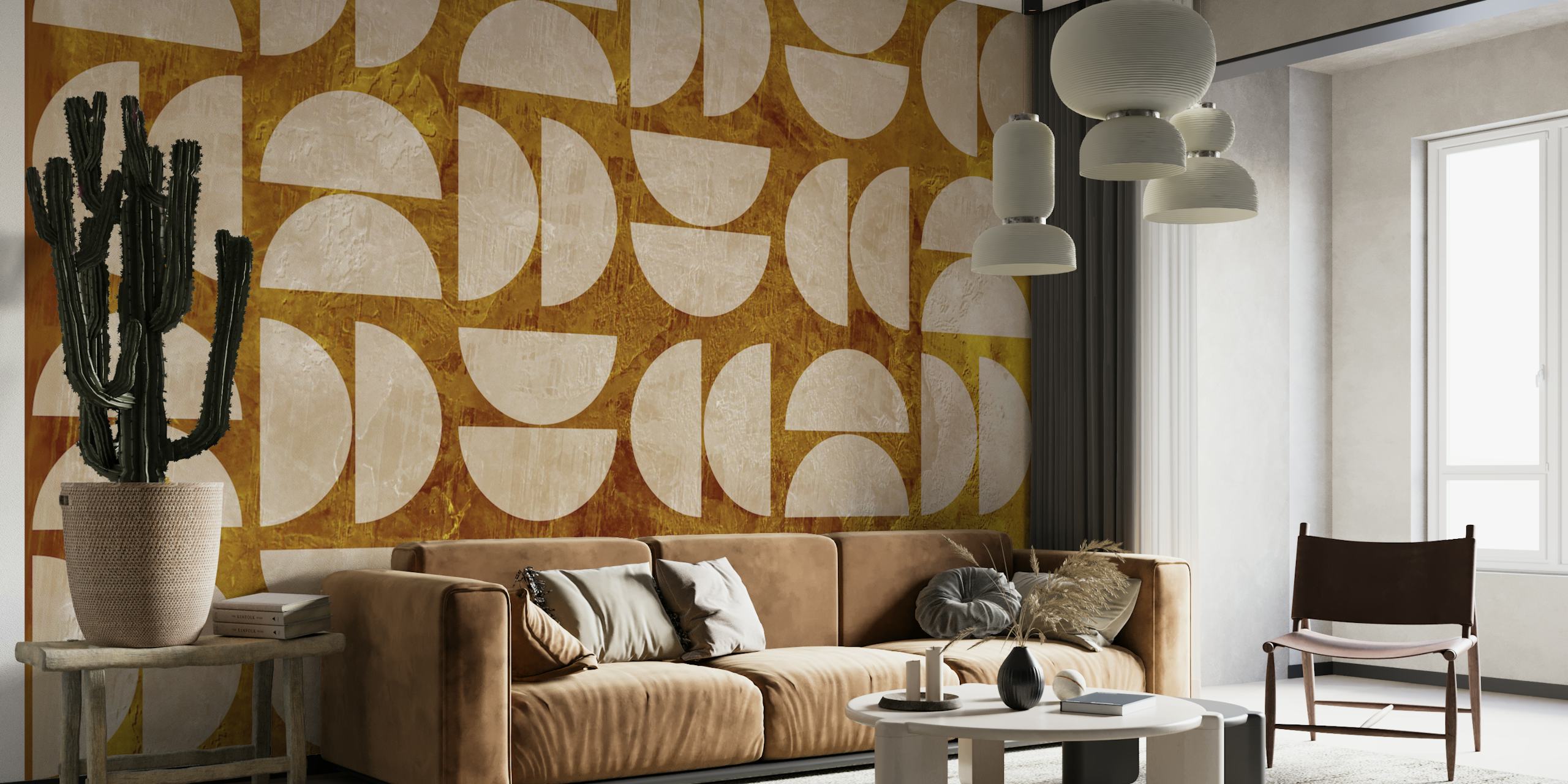 Geometric half-circle pattern in white on a gold background wallpaper