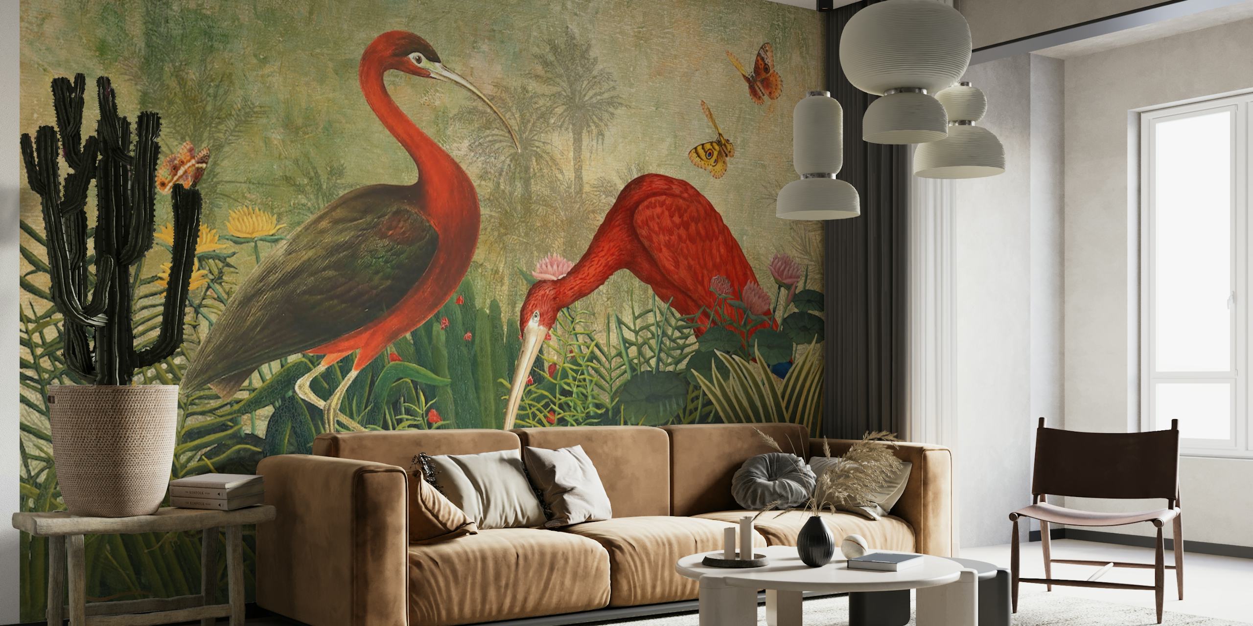 Vintage Tropical Early Birds Meadows wallpaper