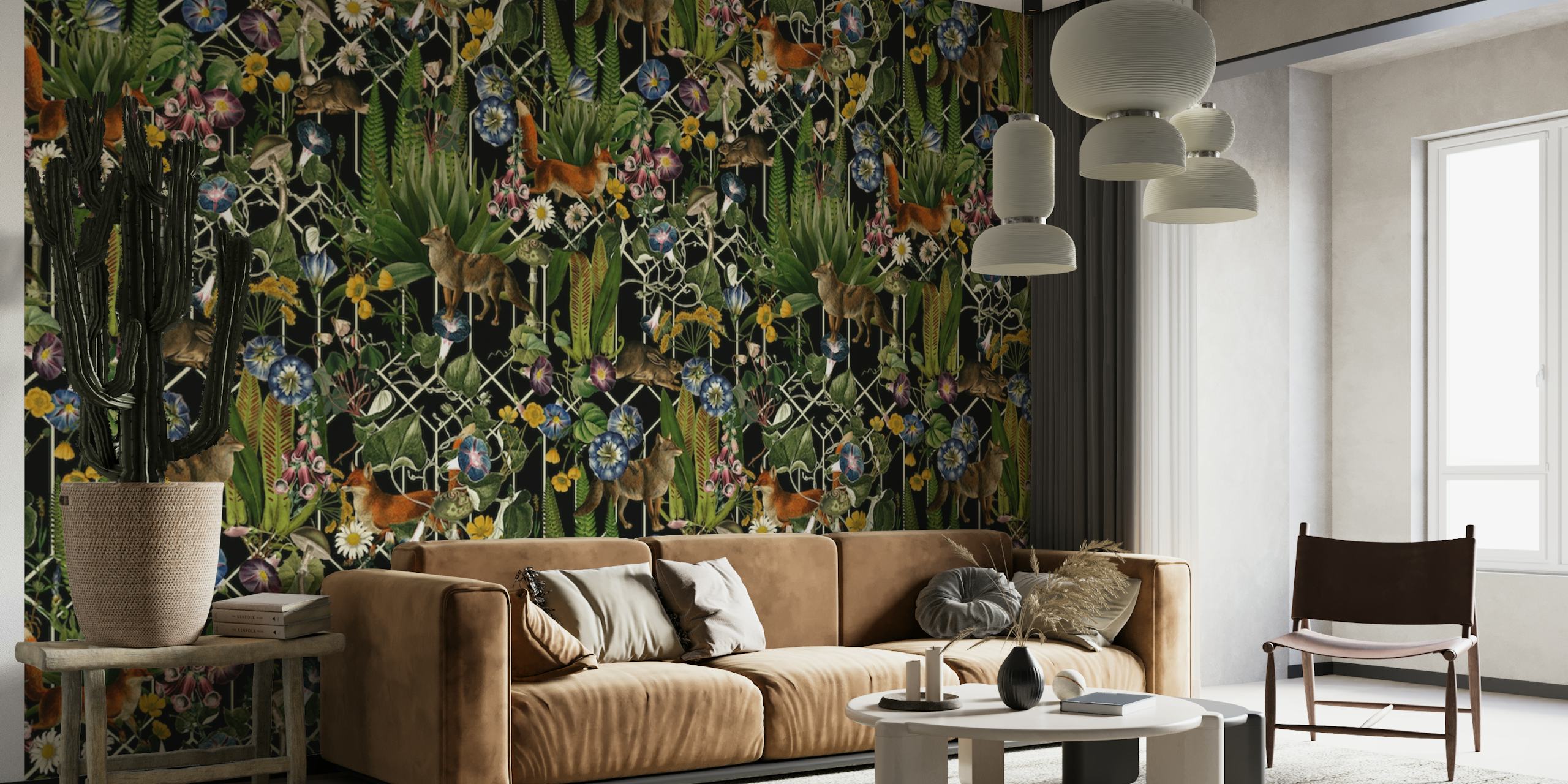 Papier peint mural de style vintage représentant une forêt mystique d'animaux et de fleurs avec des détails complexes et des couleurs luxuriantes
