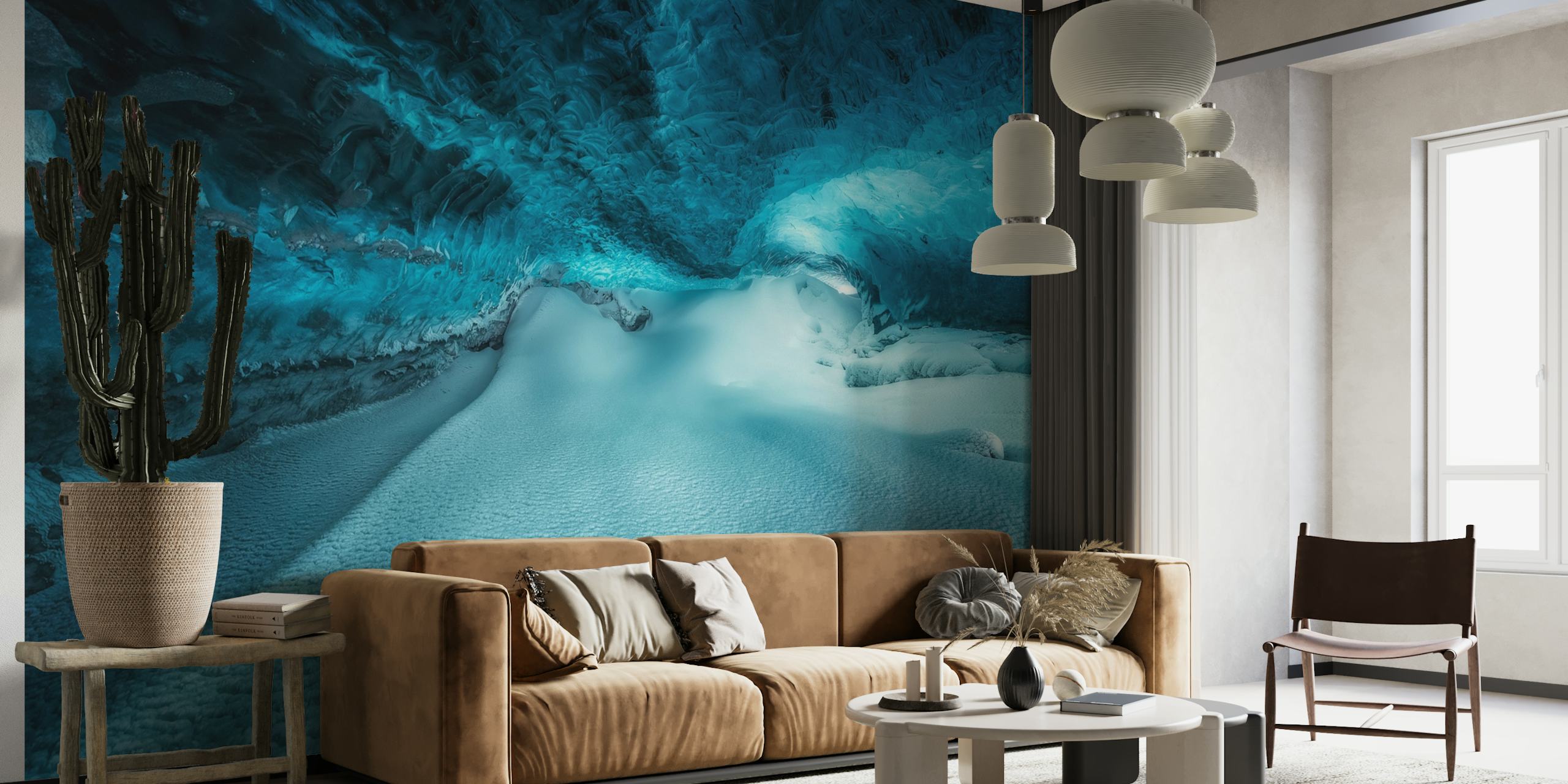 Mural de parede de caverna de gelo subaquática exibindo tons de azul e texturas congeladas
