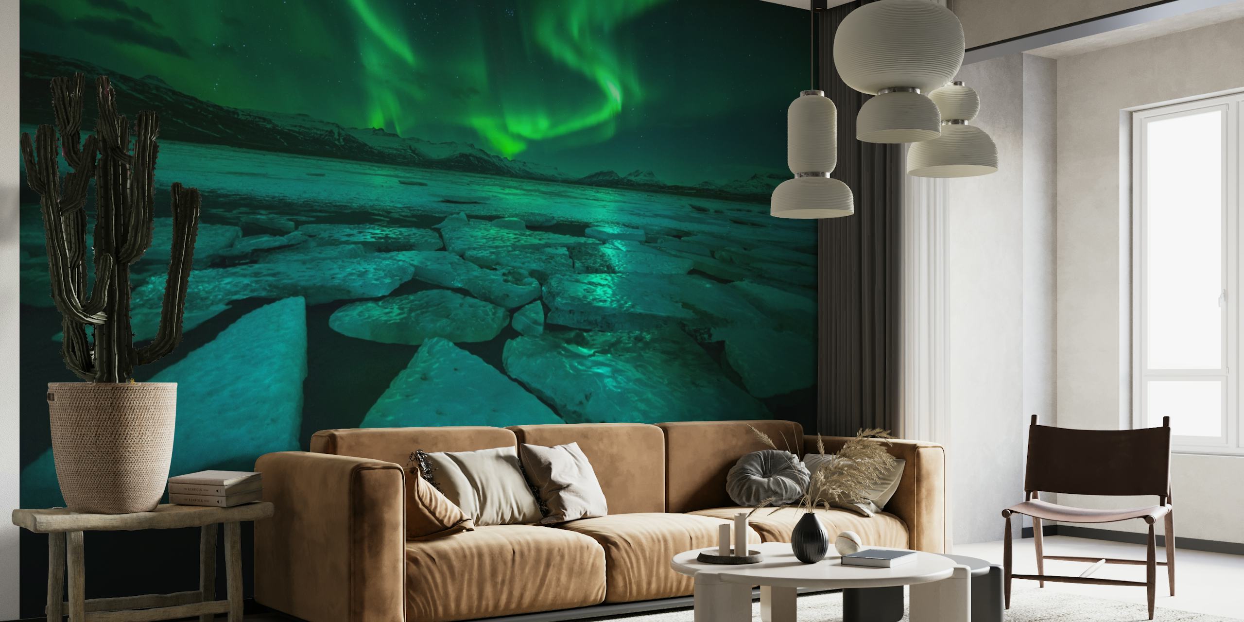 Mural de parede da aurora boreal com paisagem gelada
