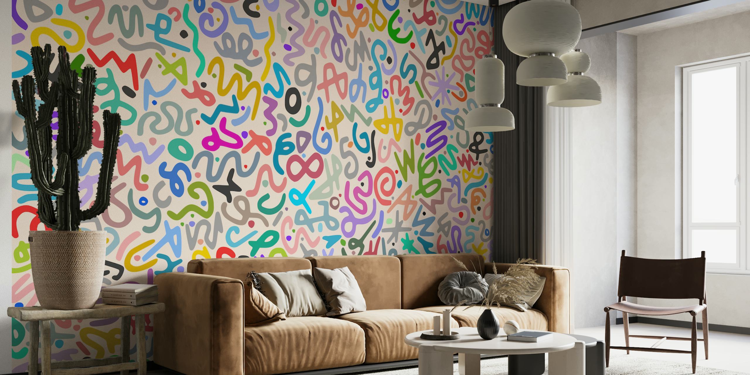 Colorful abstract shapes and swirls on a light background wallpaper