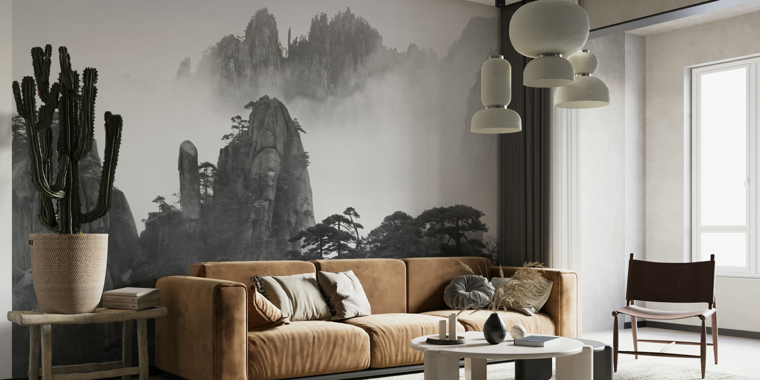Huangshan bjergkæde vægmaleri i sort og hvid