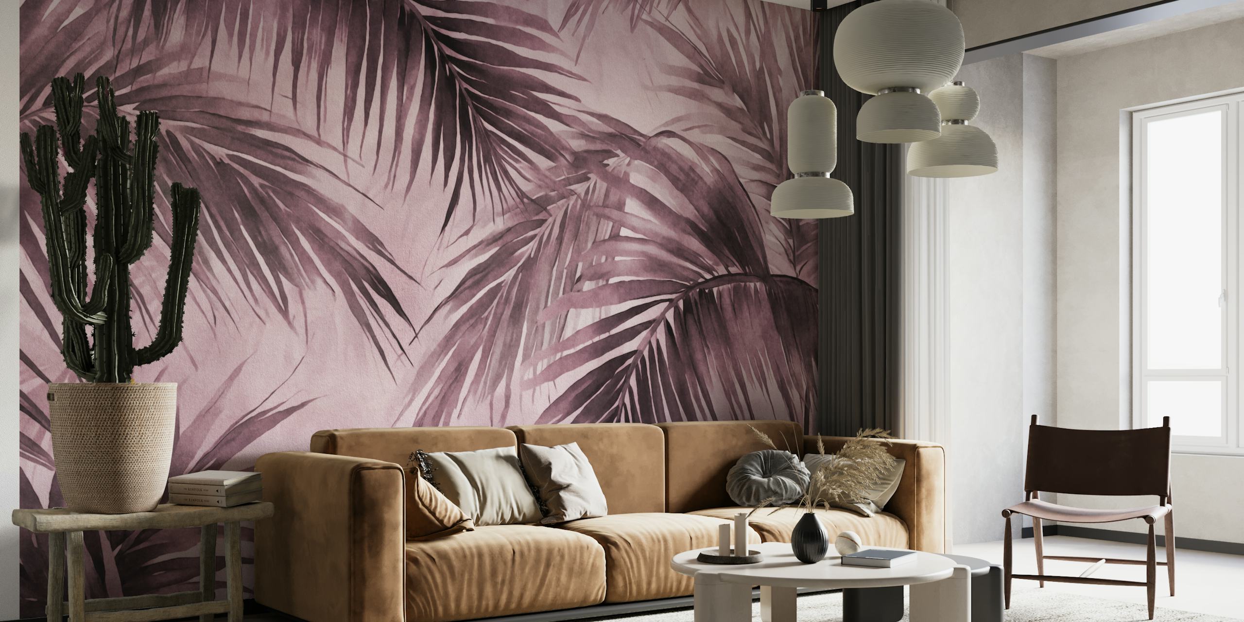 Moody purple wall mural featuring tropical palm leaf silhouettes