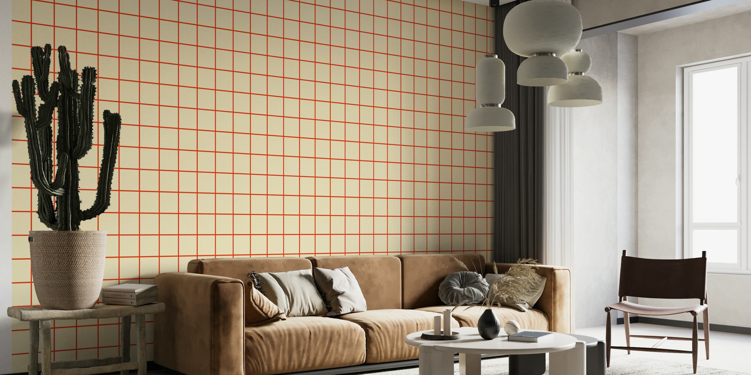 Beige wallpaper with red grid pattern, geometric design, tiles