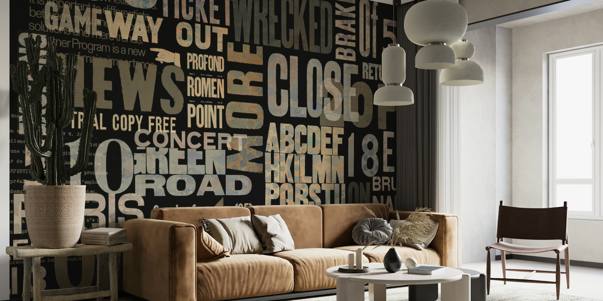 Urban Street Art Typo Beige Brown Black wall mural with a blend of words and numbers
