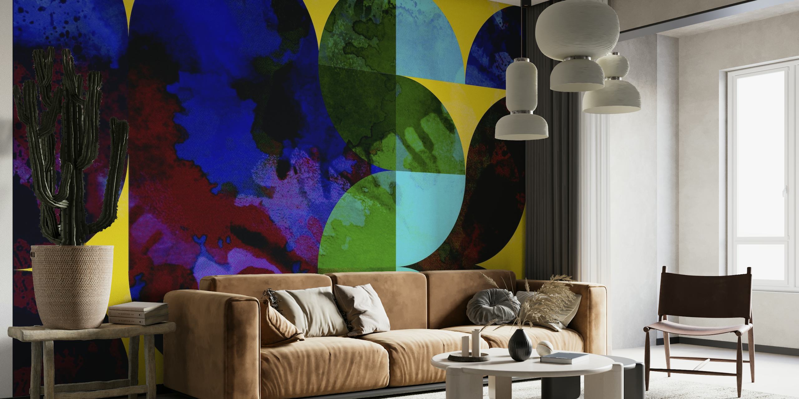 Abstract mid-century modern stained glass mosaic wall mural in vivid colors