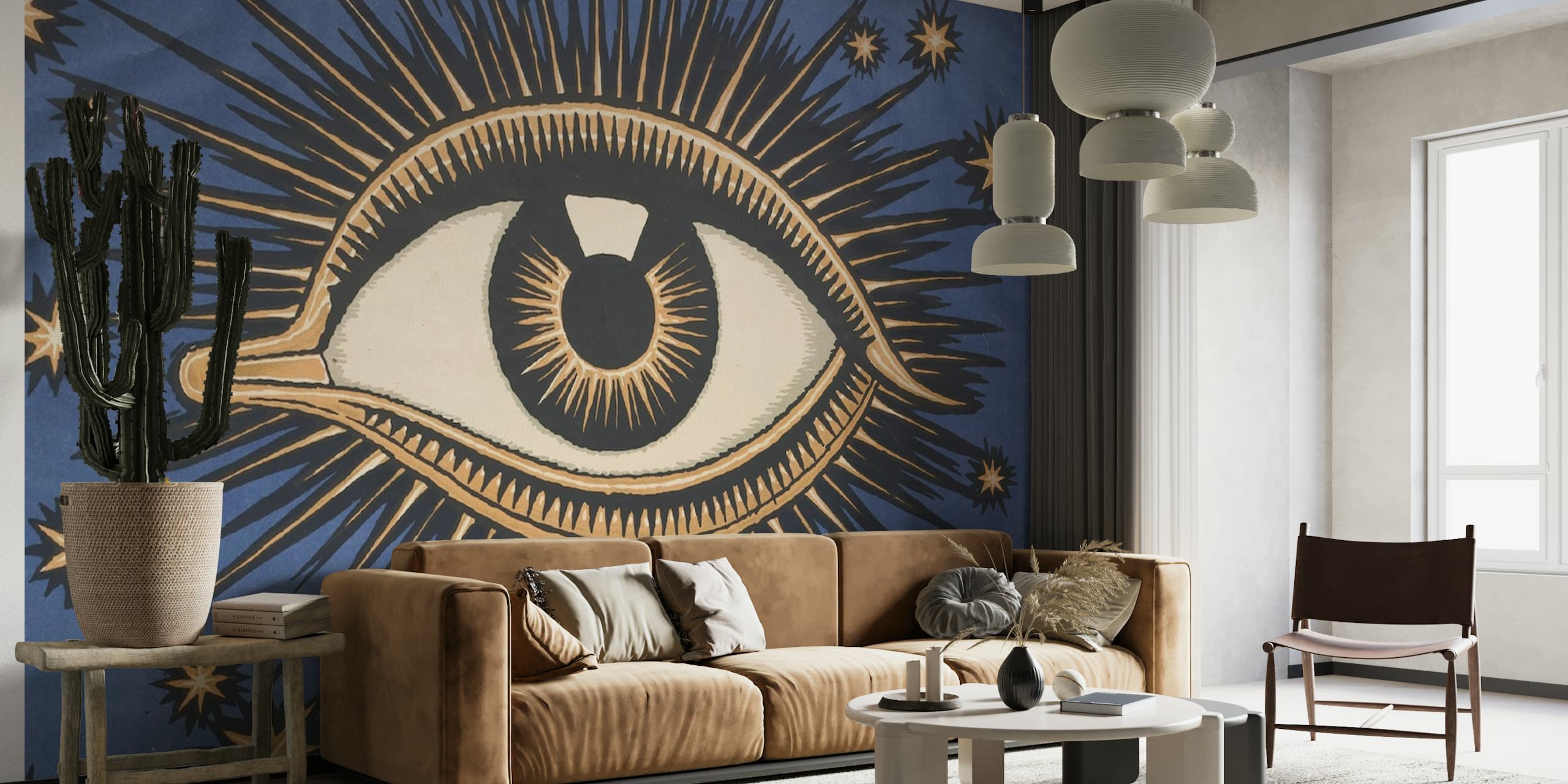 Celestial eye design with golden rays on blue background wallpaper