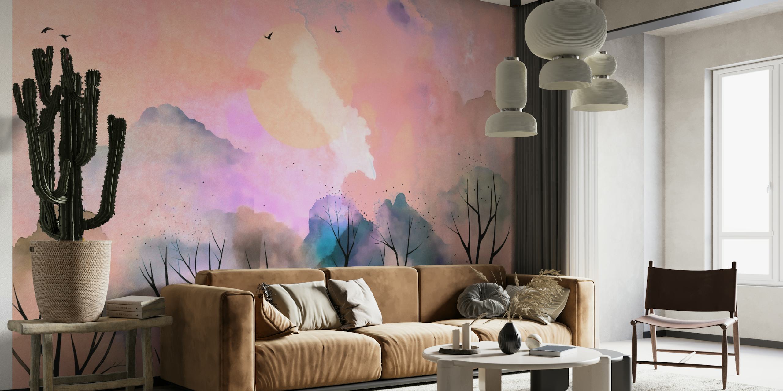 Pastell akvarell skogveggmaleri