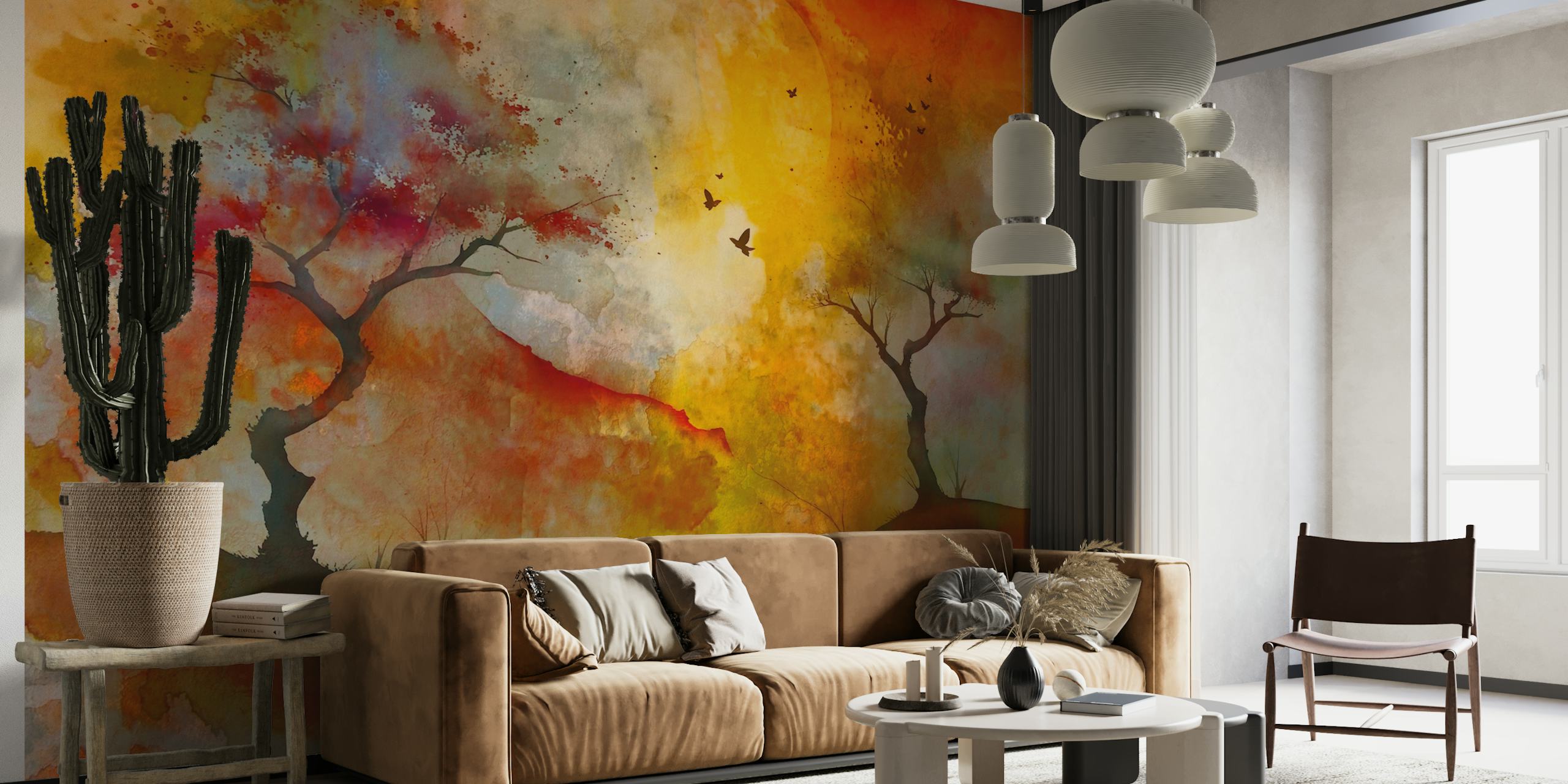 Mural de pared de acuarela abstracta que representa una escena de bosque japonés al amanecer en tonos cálidos.