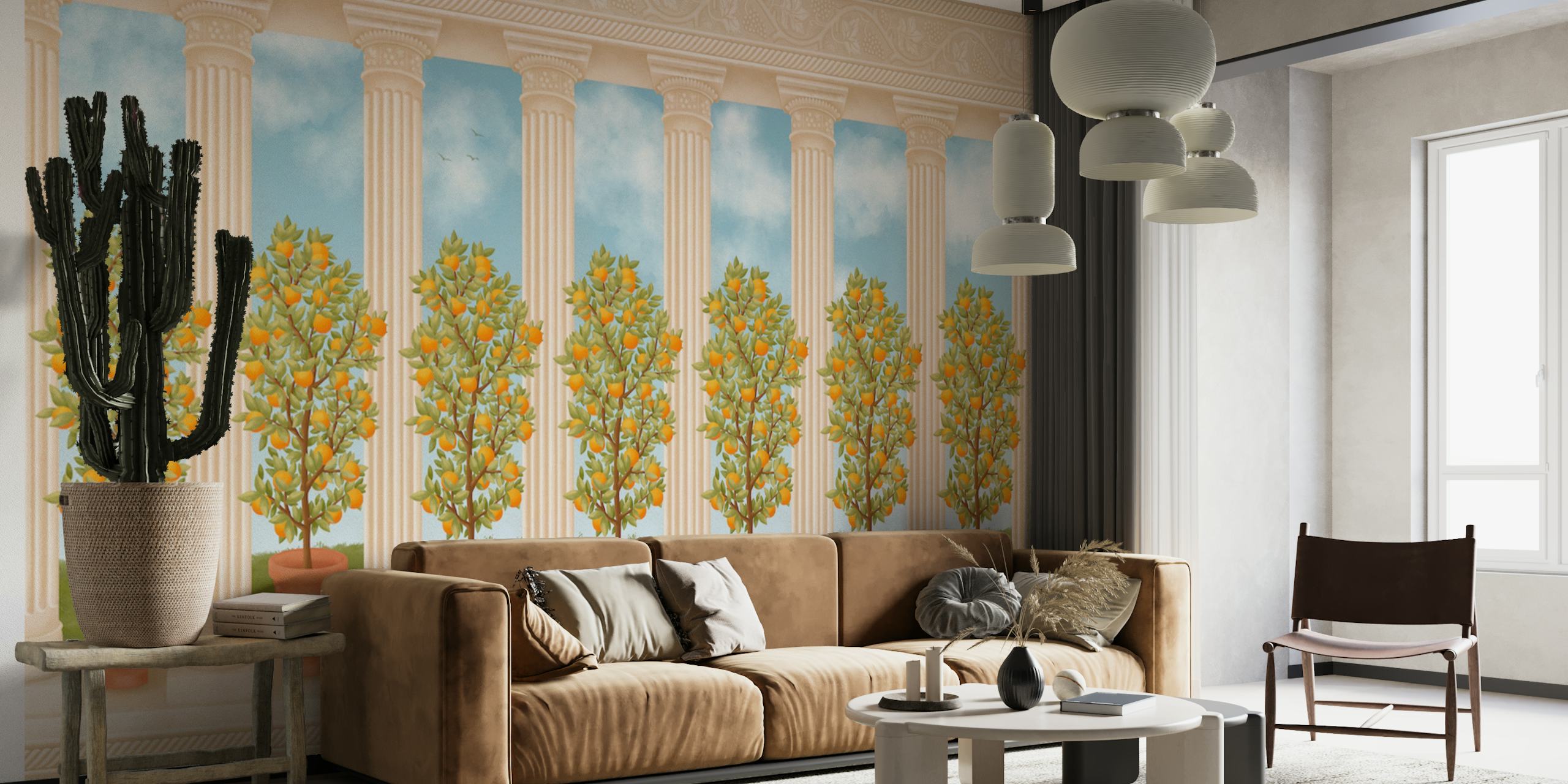 Italian villa scene with orange trees in pots, blue sky wallpaper